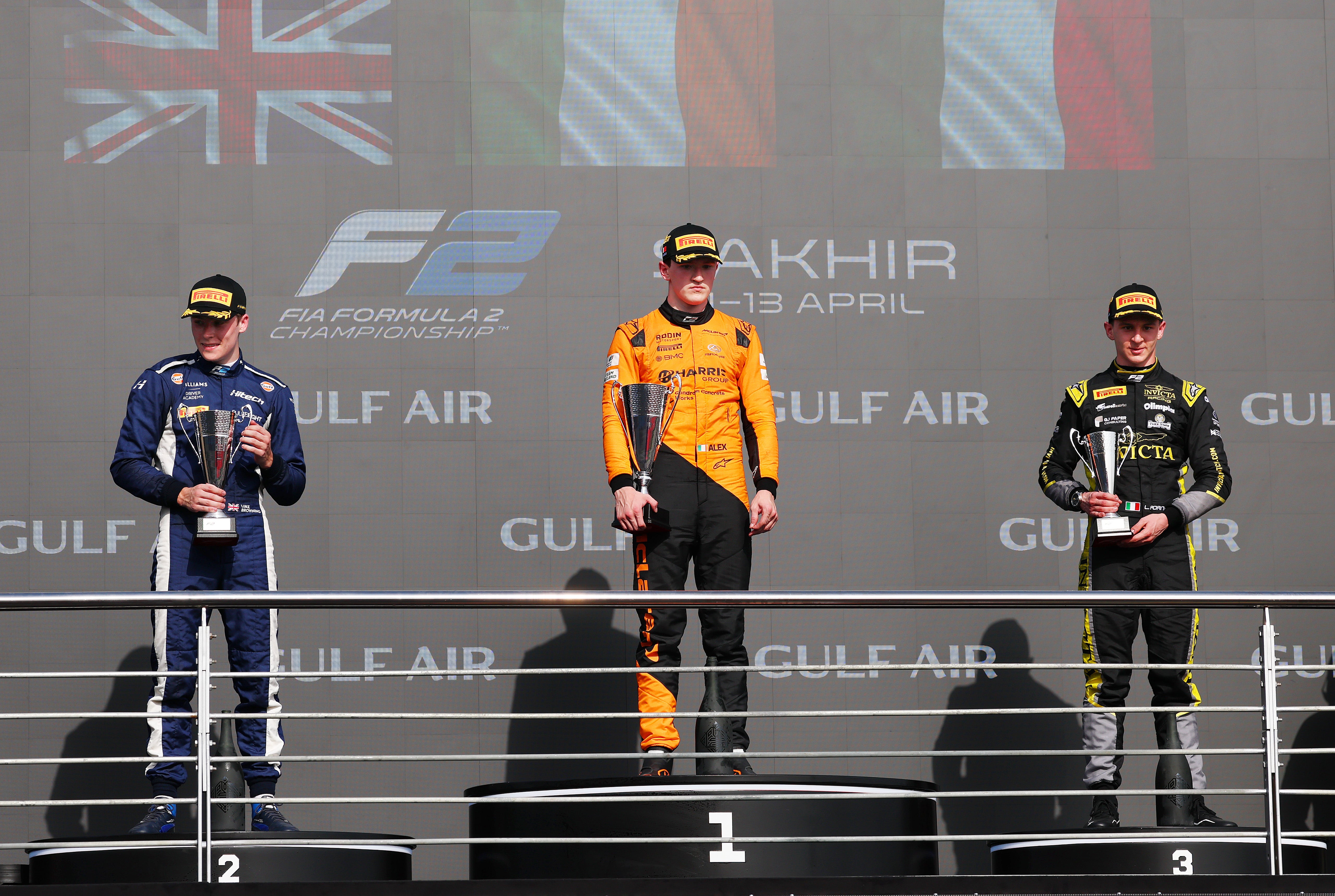Dunne on the podium in Bahrain in April after his first win in F2
