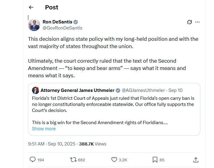 Ron DeSantis's post on X endorsing the move