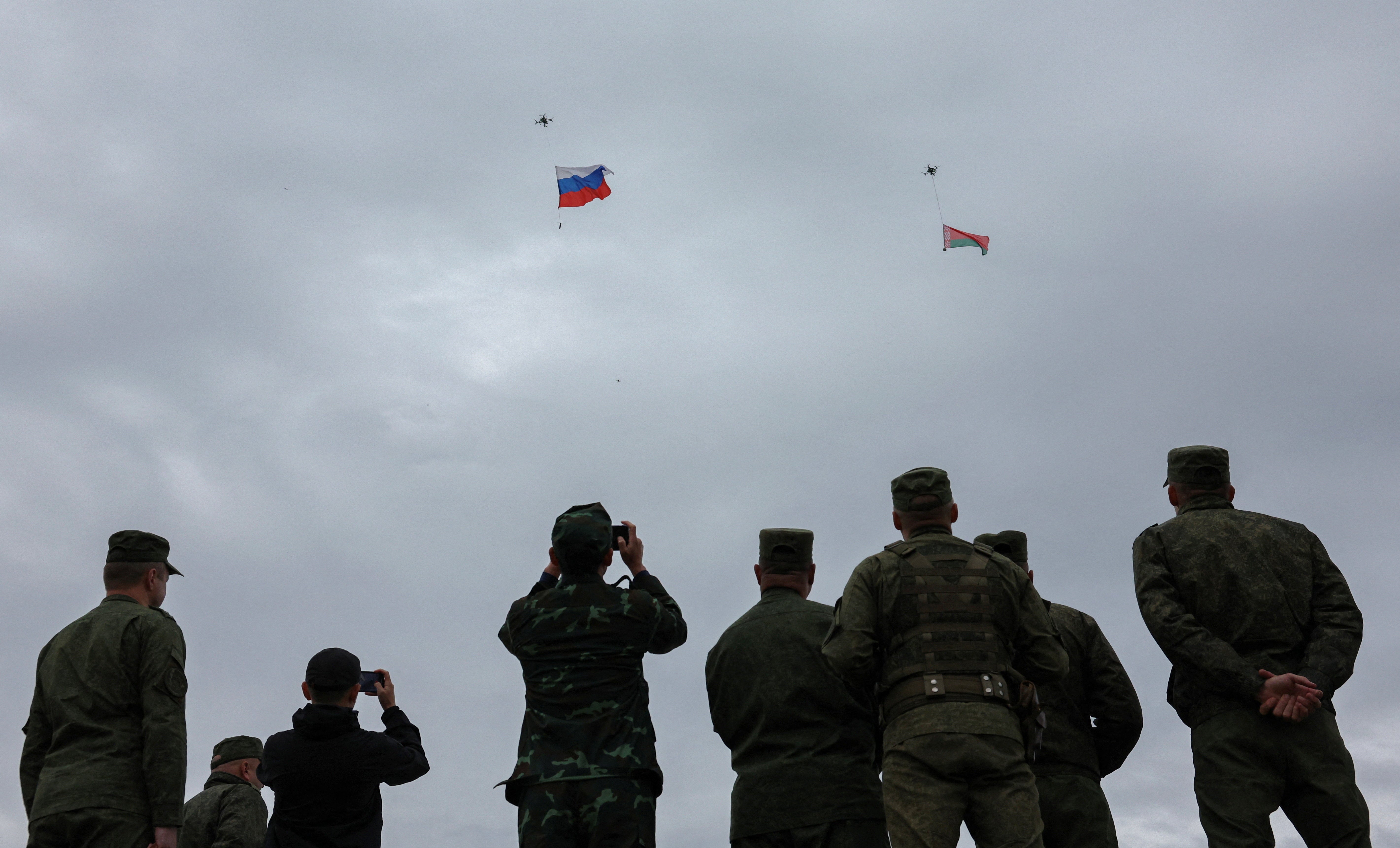 Drones carry Russian and Belarusian flags at a training ground during the joint ‘Zapad-2025’ military drills near Borisov, Belarus earlier this week