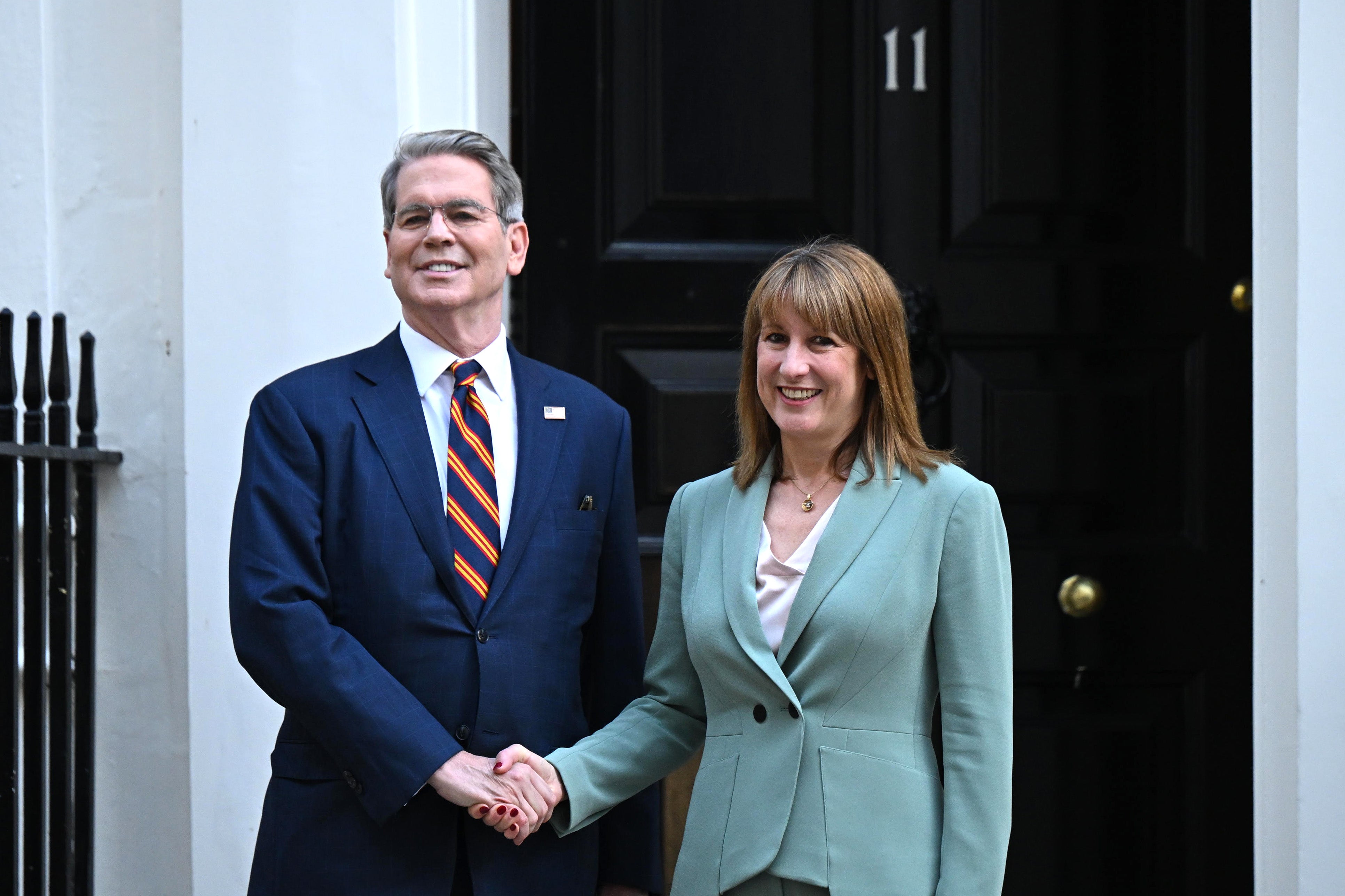 Chancellor of the Exchequer, Rachel Reeves (R), greets United States Secretary of the Treasury, Scott Bessent, outside 11, Downing Street on September 16, 2025 in London, England. (Photo by Leon Neal/Getty Images)
