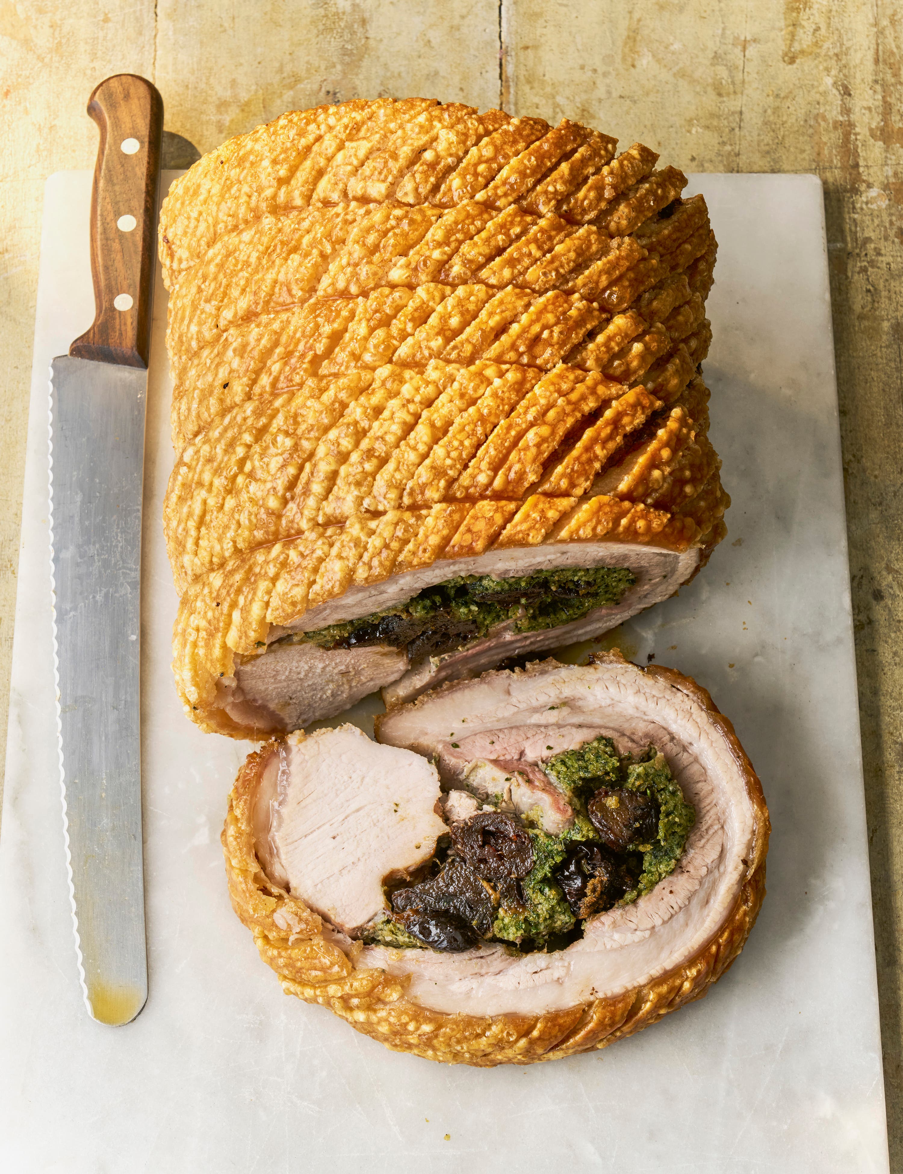 Blanc’s porchetta with prunes is designed to impress – a feast of crisp crackling, juicy pork and rich herb stuffing that brings theatre to the Sunday table