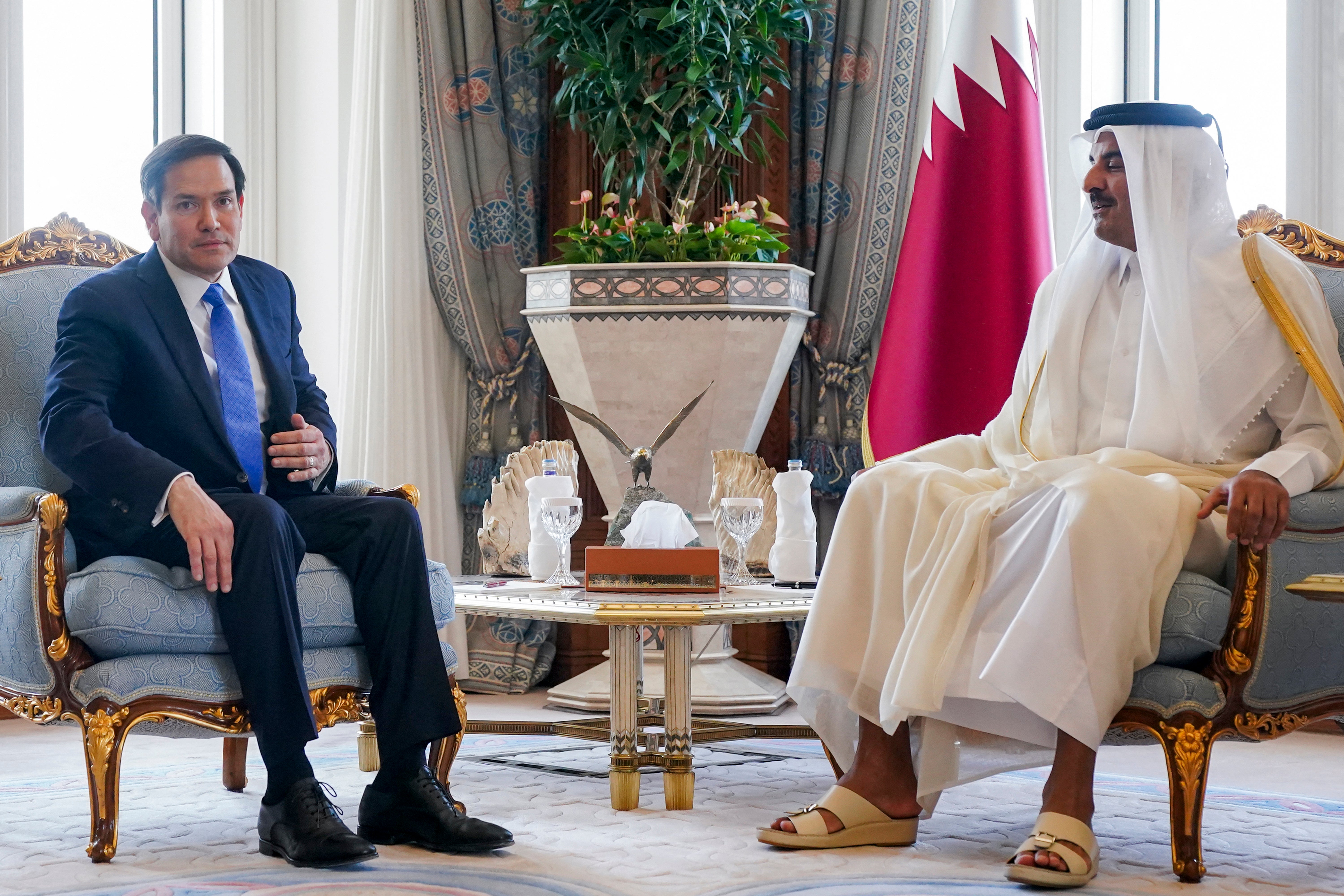 TOPSHOT - US Secretary of State Marco Rubio meets with Qatar's Emir Sheikh Tamim bin Hamad al-Thani at the Amiri Diwan in Doha on September 16, 2025.