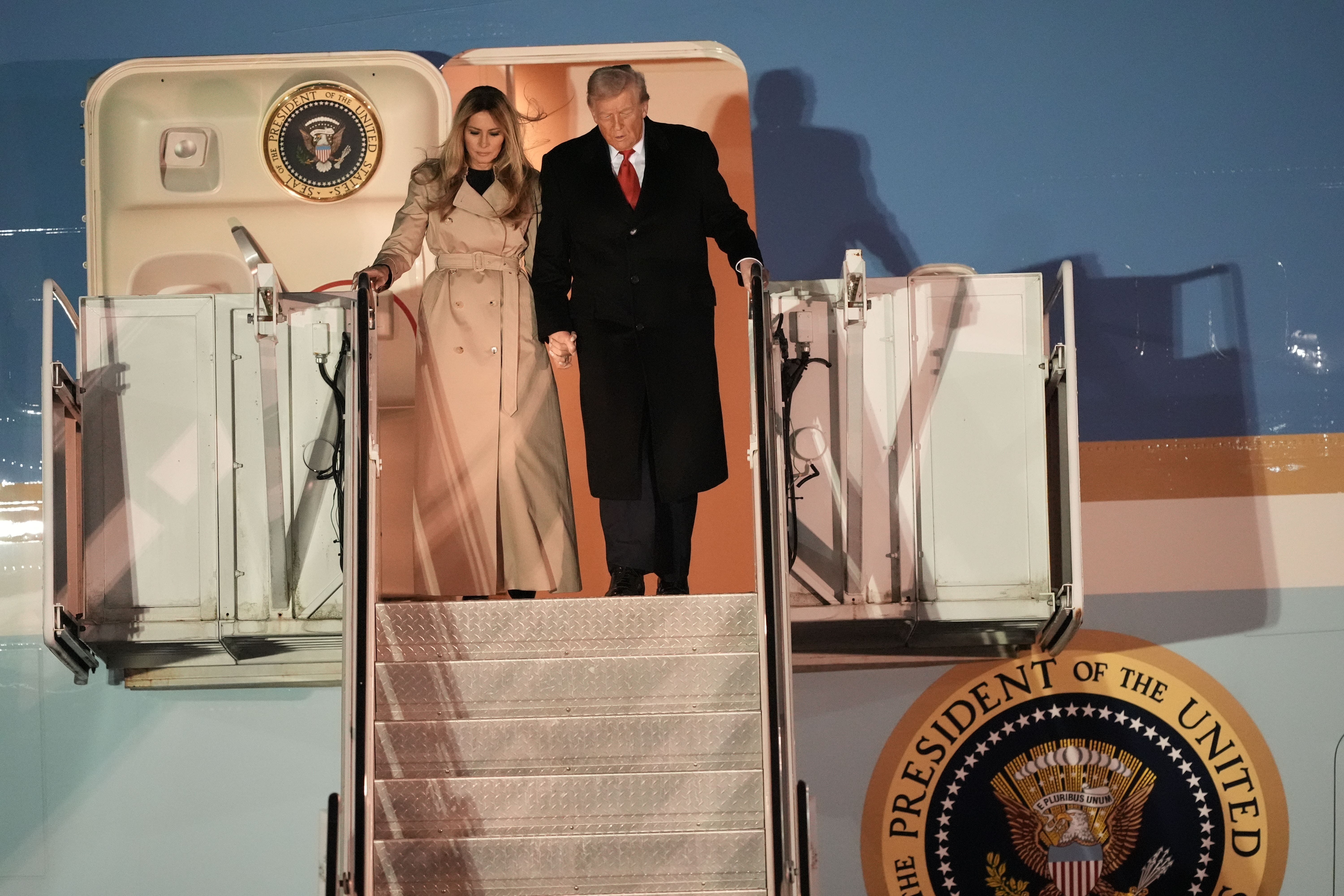 US President Donald Trump and First Lady Melania Trump arrive at Stansted Airport (Stefan Rousseau/PA)