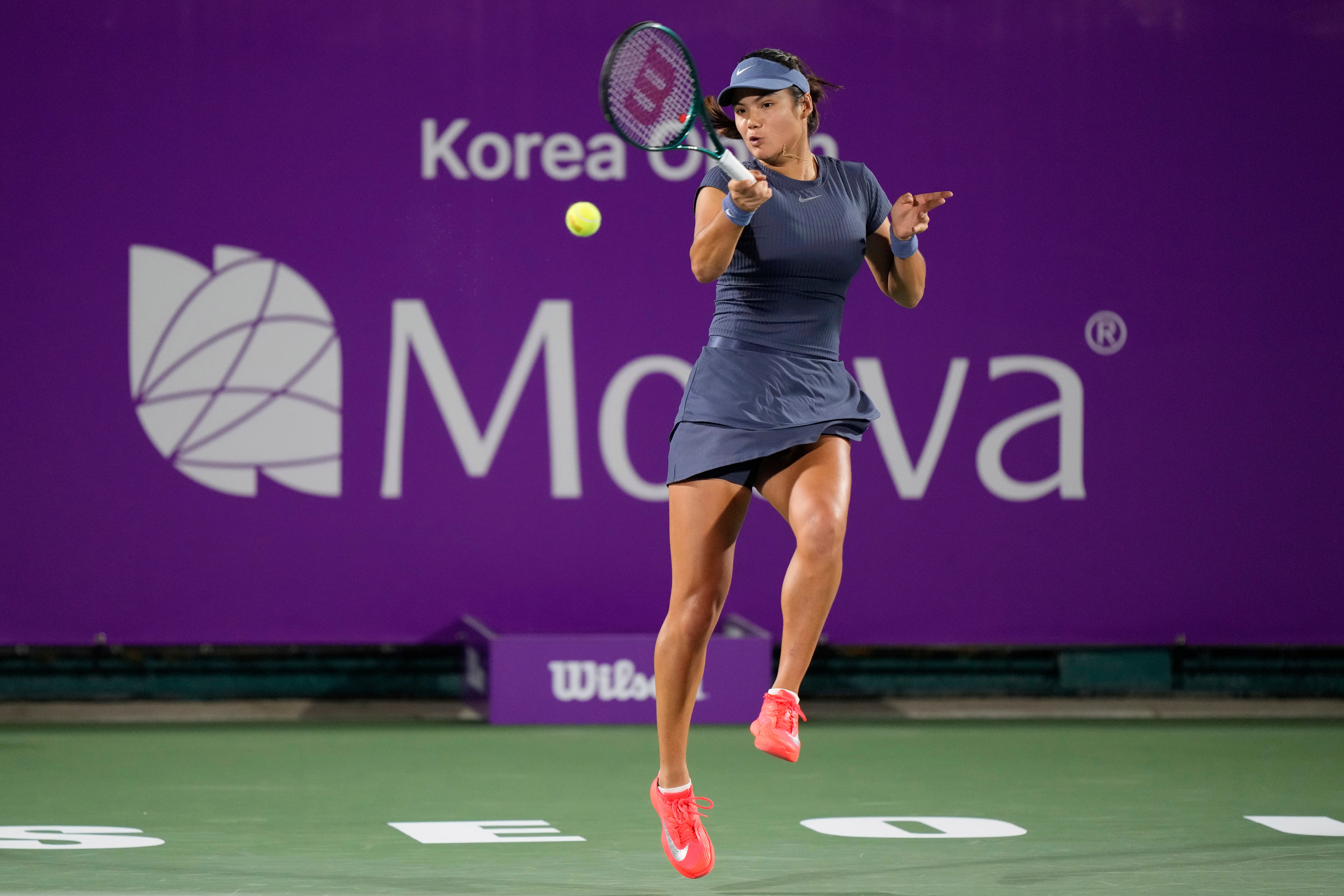 Emma Raducanu strikes a forehand (Ahn Young-joon/AP)