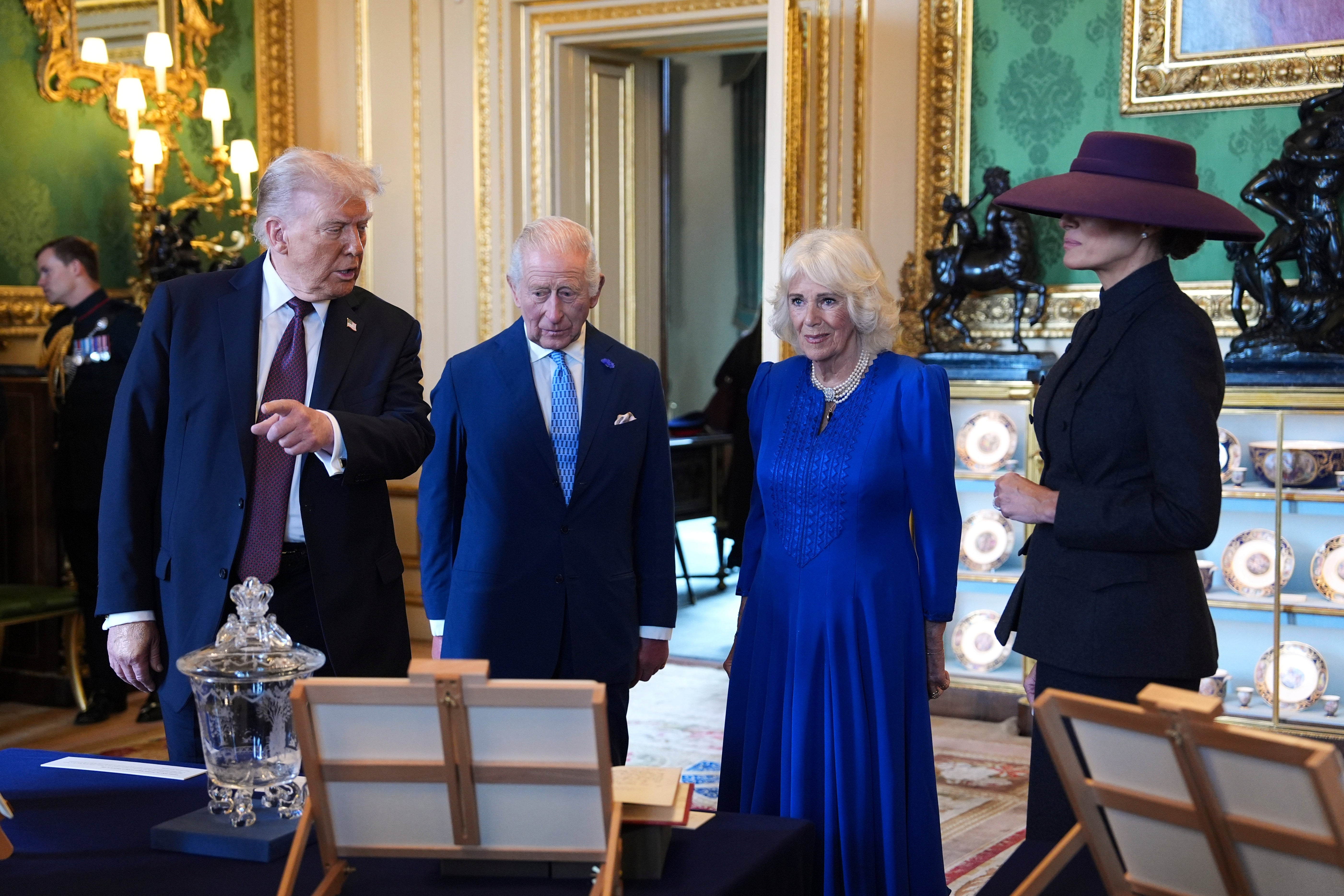 President Donald Trump, First Lady Melania Trump, King Charles III and Britain's Queen Camilla view a special display of items from the Royal Collection
