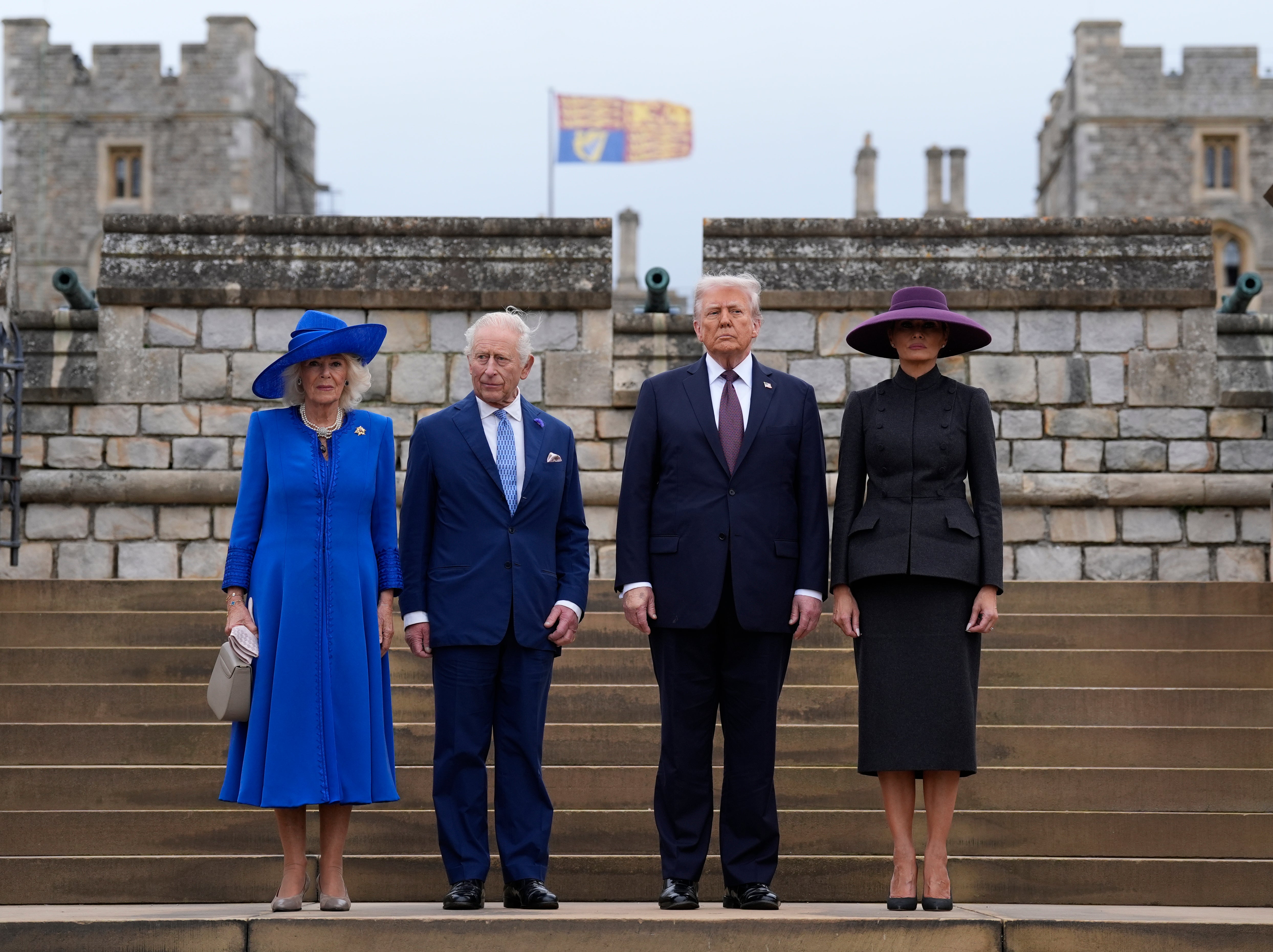 Queen Camilla, King Charles III,US President Donald Trump and First Lady Melania Trump arrive for the Beating Retreat military ceremony