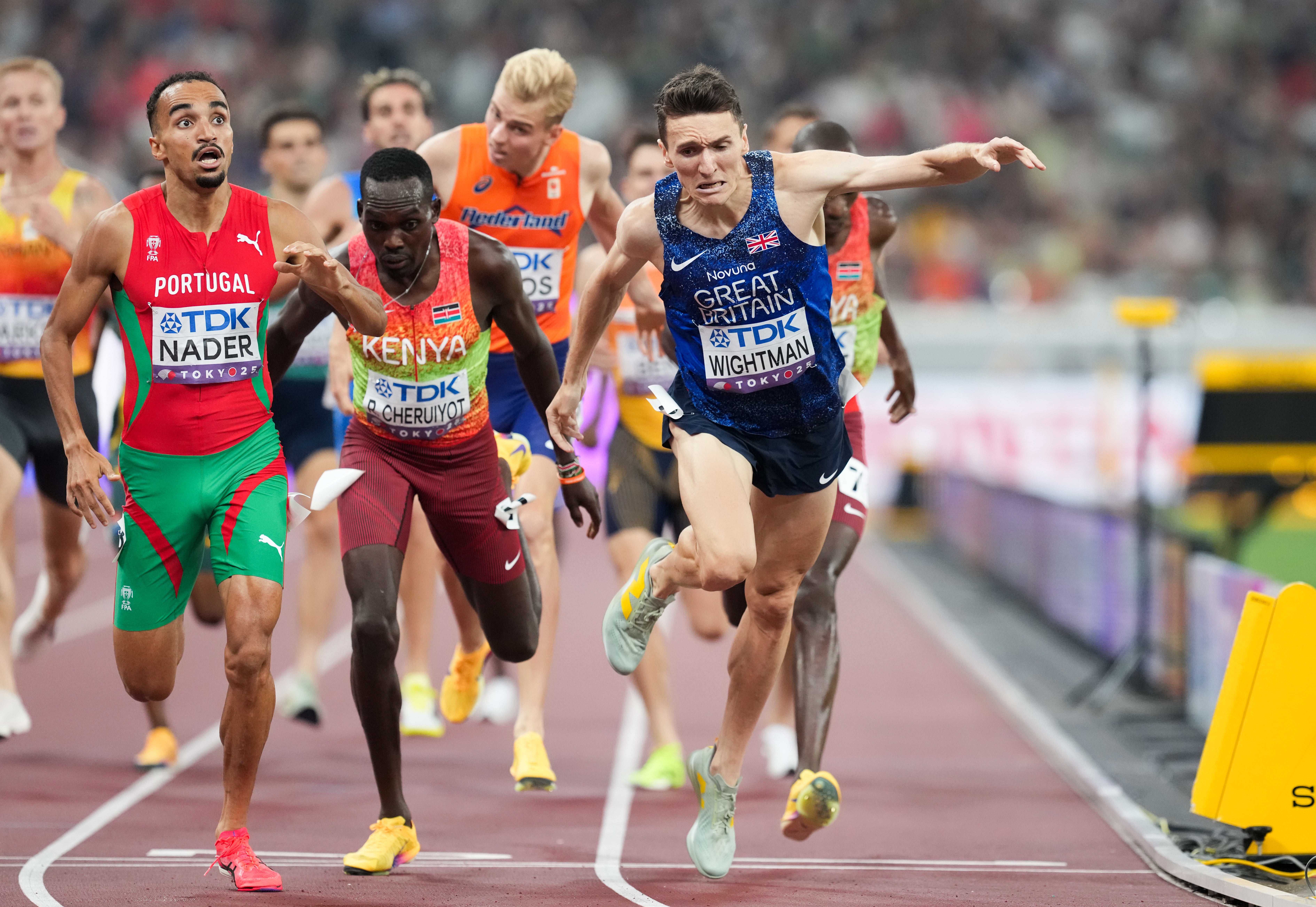 Jake Wightman dives for the line and takes silver behind Portugal’s Isaac Nader in the men’s 1500 metres final at the World Athletics Championships (Martin Rickett/PA).