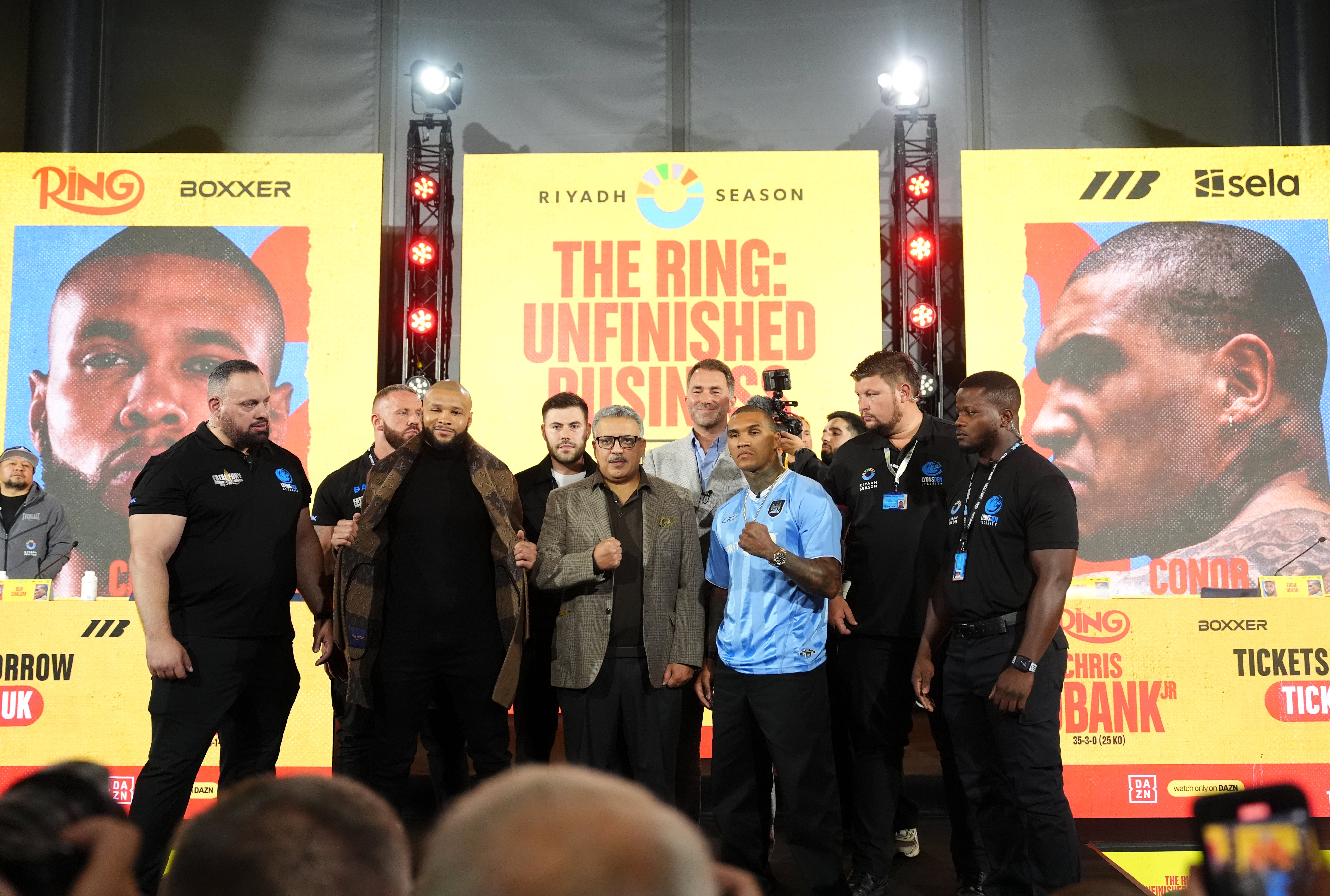 Chris Eubank Jr, Ben Shalom, CEO of Sela Rakan Al-Harthy, Eddie Hearn and Conor Benn during a press conference at Tottenham Hotspur Stadium