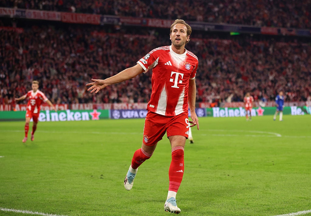 Harry Kane of Bayern Munich celebrates scoring his team's third goal during the UEFA Champions League