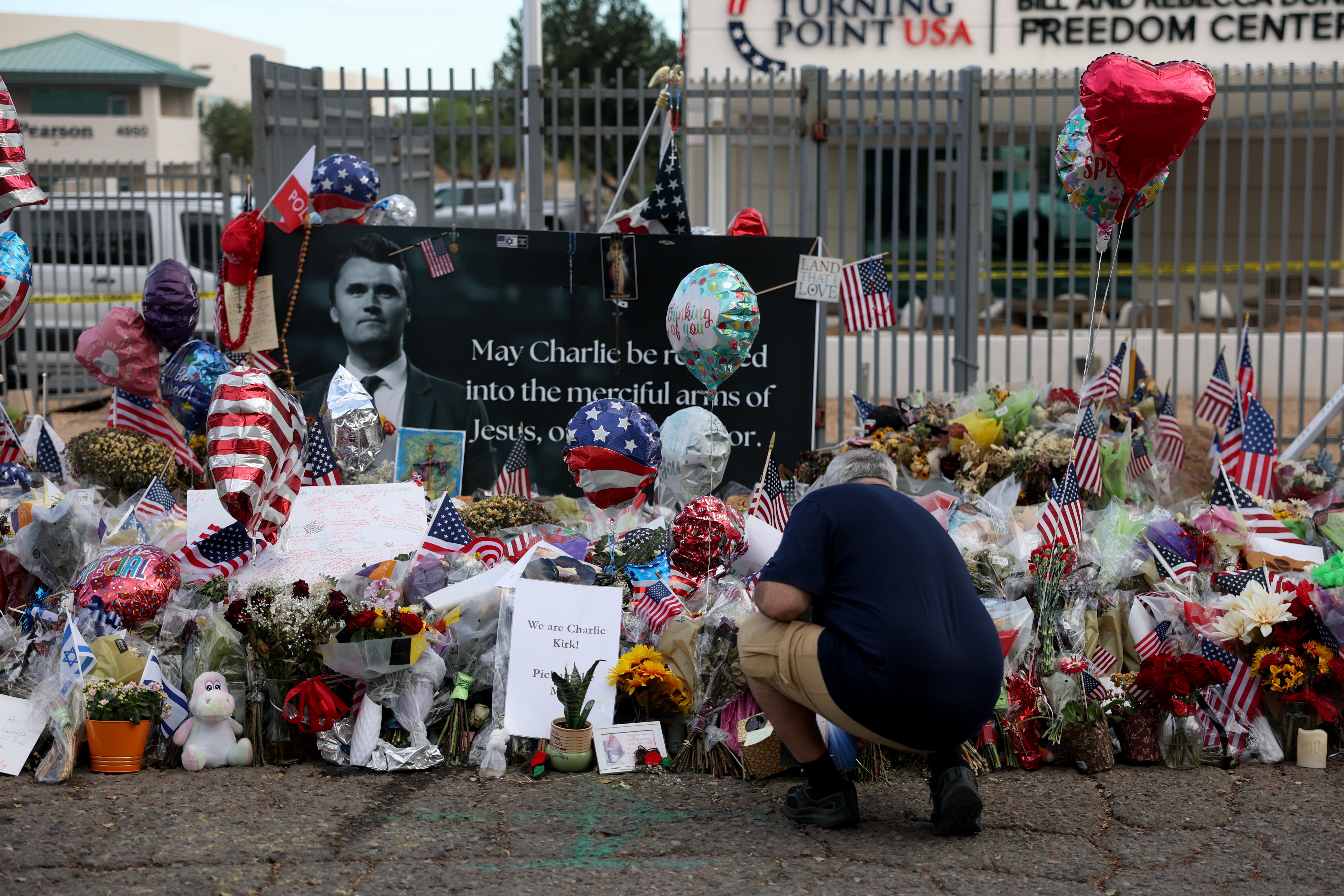 A memorial for Charlie Kirk outside the USA turning point seat in Phoenix, Arizona