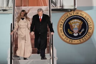 US president Donald Trump and first lady Melania Trump arrive at Stansted Airport, in Essex, ahead of the US president's second state visit to the UK