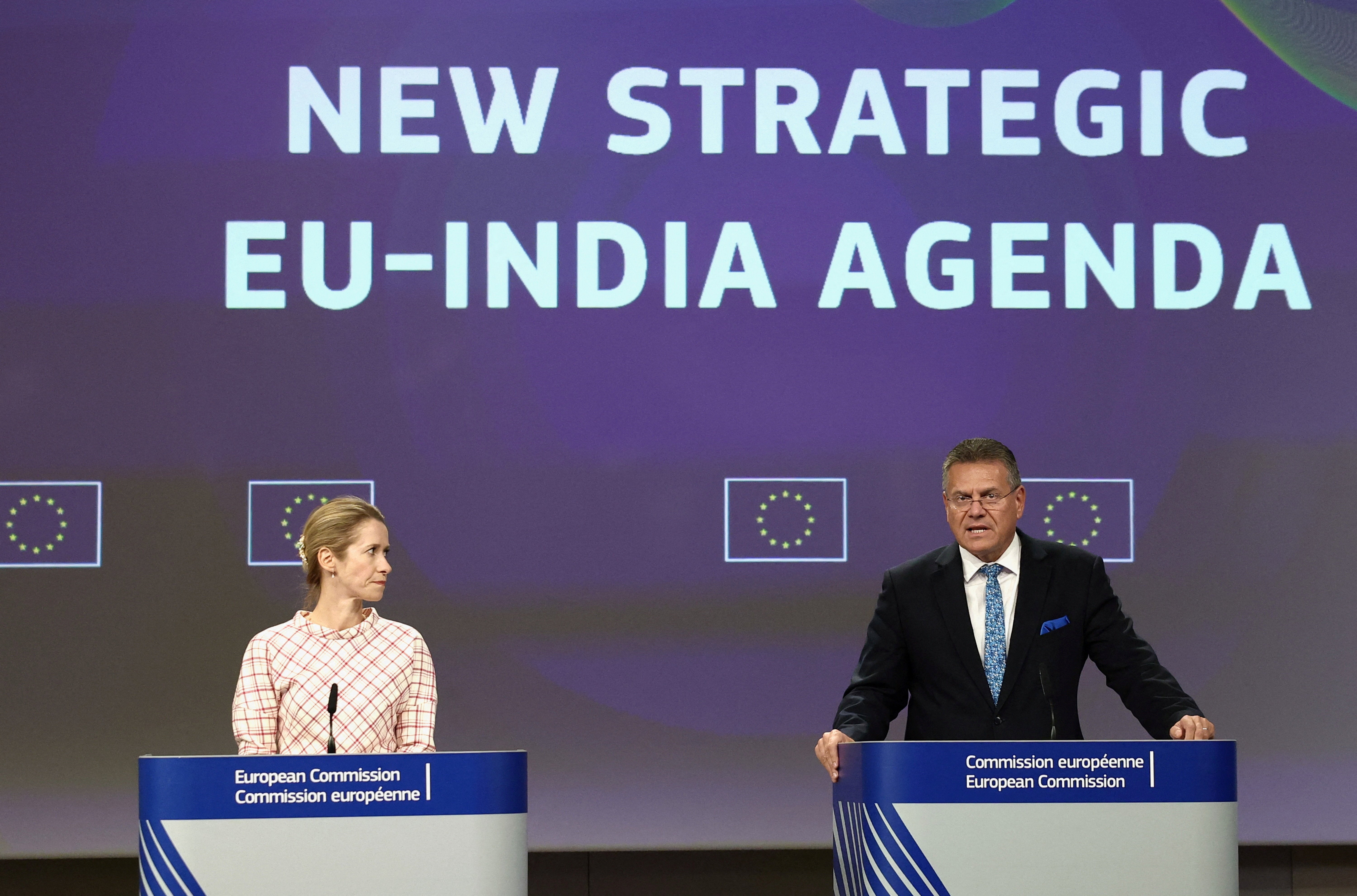 EU foreign policy chief Kaja Kallas and trade commissioner Maros Sefcovic address a press conference in Brussels on 17 September 2025