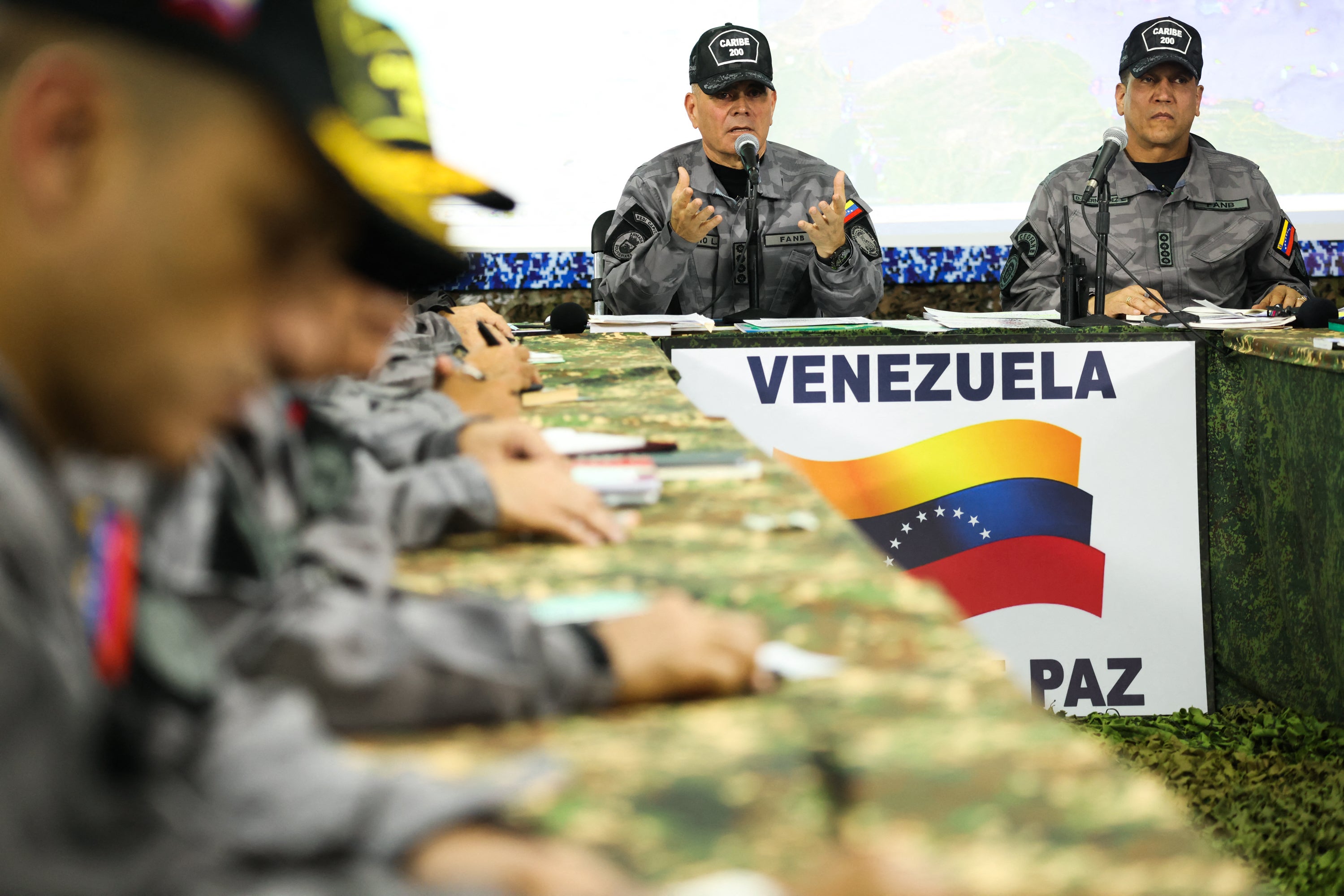 Venezuela’s defence minister Vladimir Padrino (left) pictured at a meeting with other military officials on Wednesday