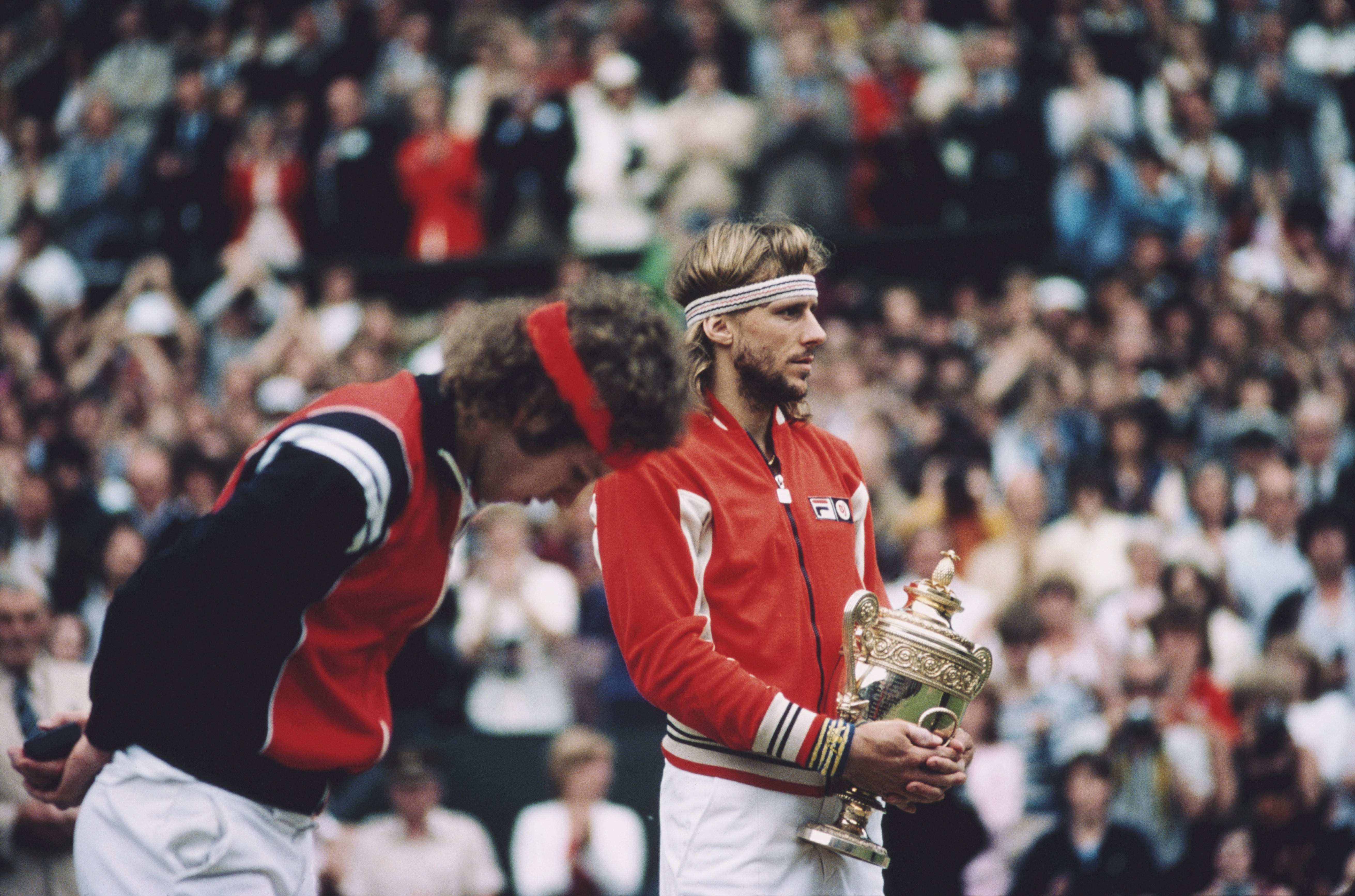 Borg holds the trophy after beating John McEnroe in the 1980 Wimbledon final