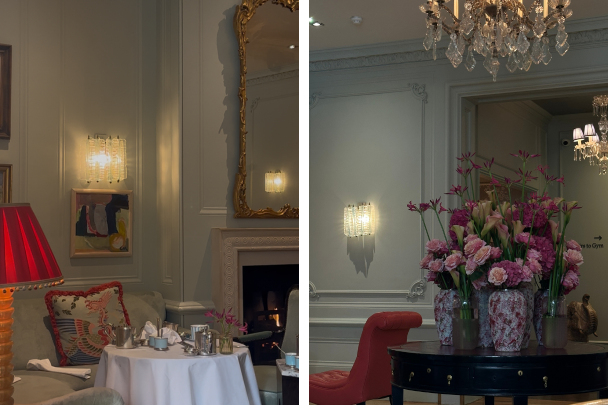 Fresh flowers and plush furnishings make the lounge a cosy place for tea