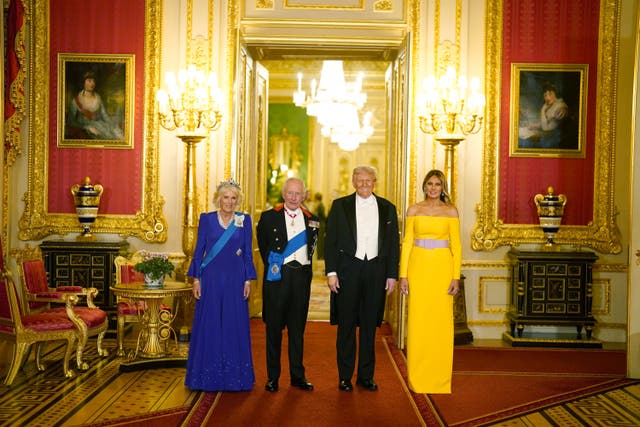 <p>Queen Camilla, King Charles, Donald Trump and Melania Trump at the state banquet.(Aaron Chown/PA)</p>