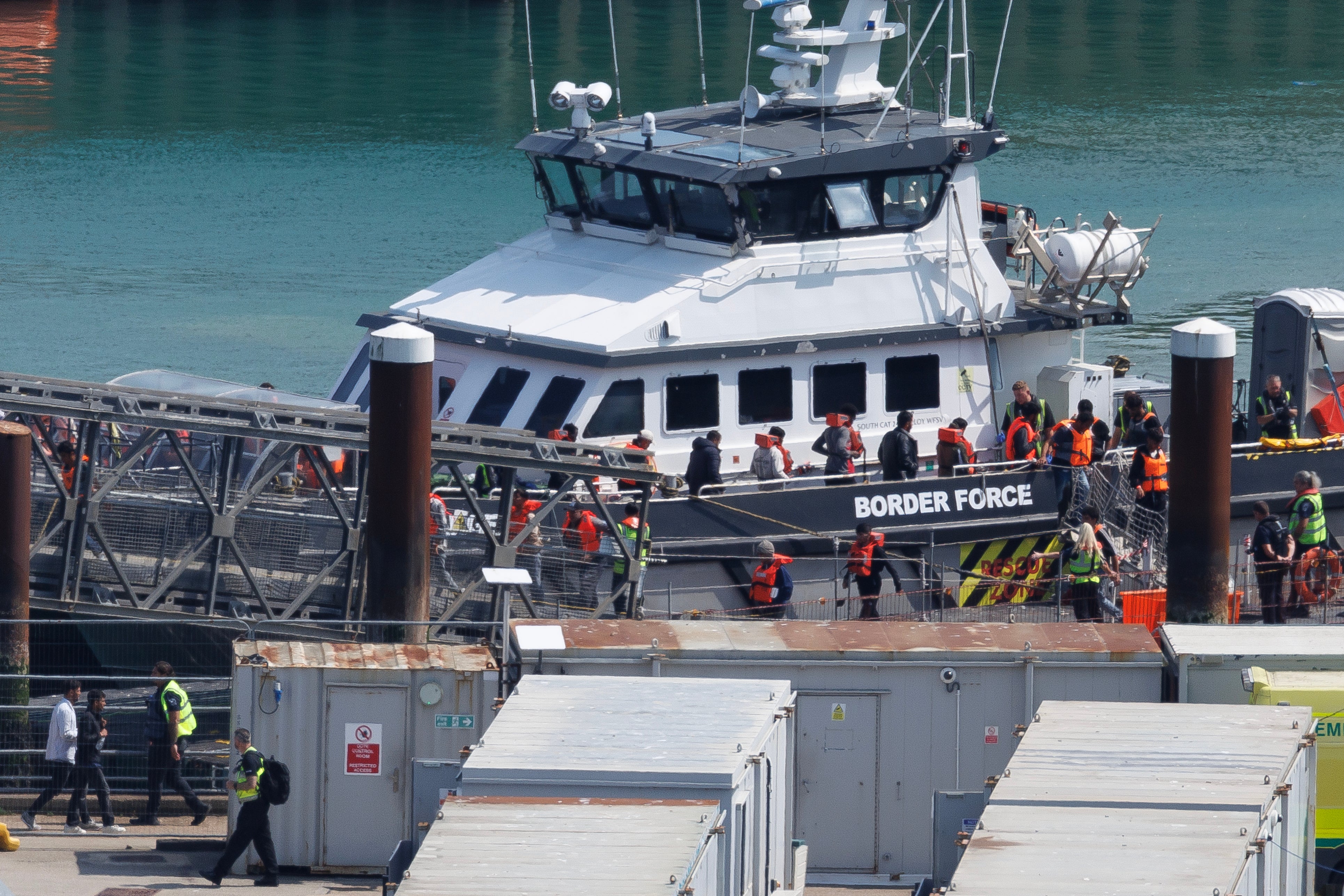The UK Border Force vessel 'Ranger' brings migrants into Dover port who were intercepted crossing the English Channel