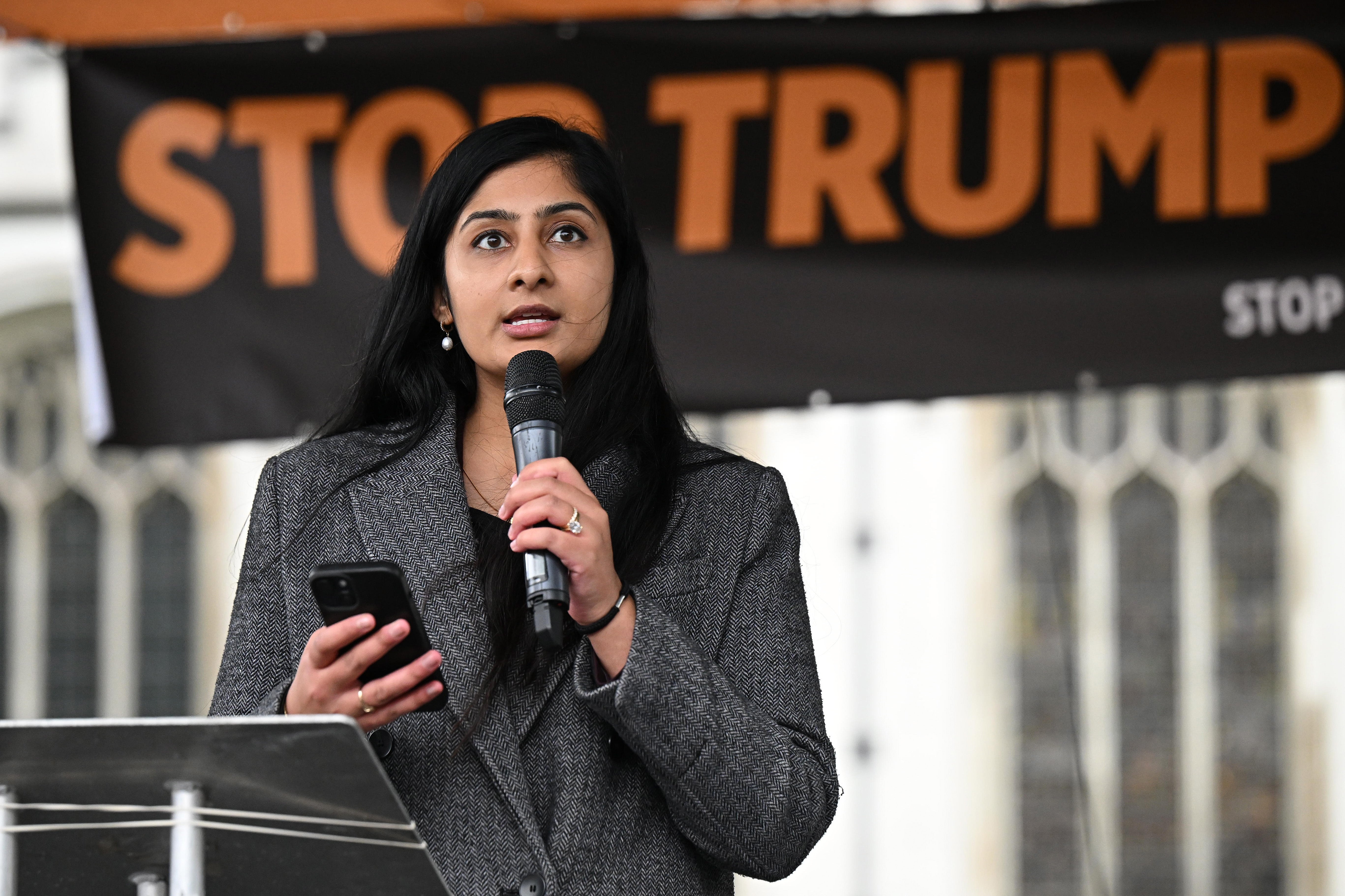 Zarah Sultana at Parliament Square to protest Donald Trump’s state visit on Wednesday