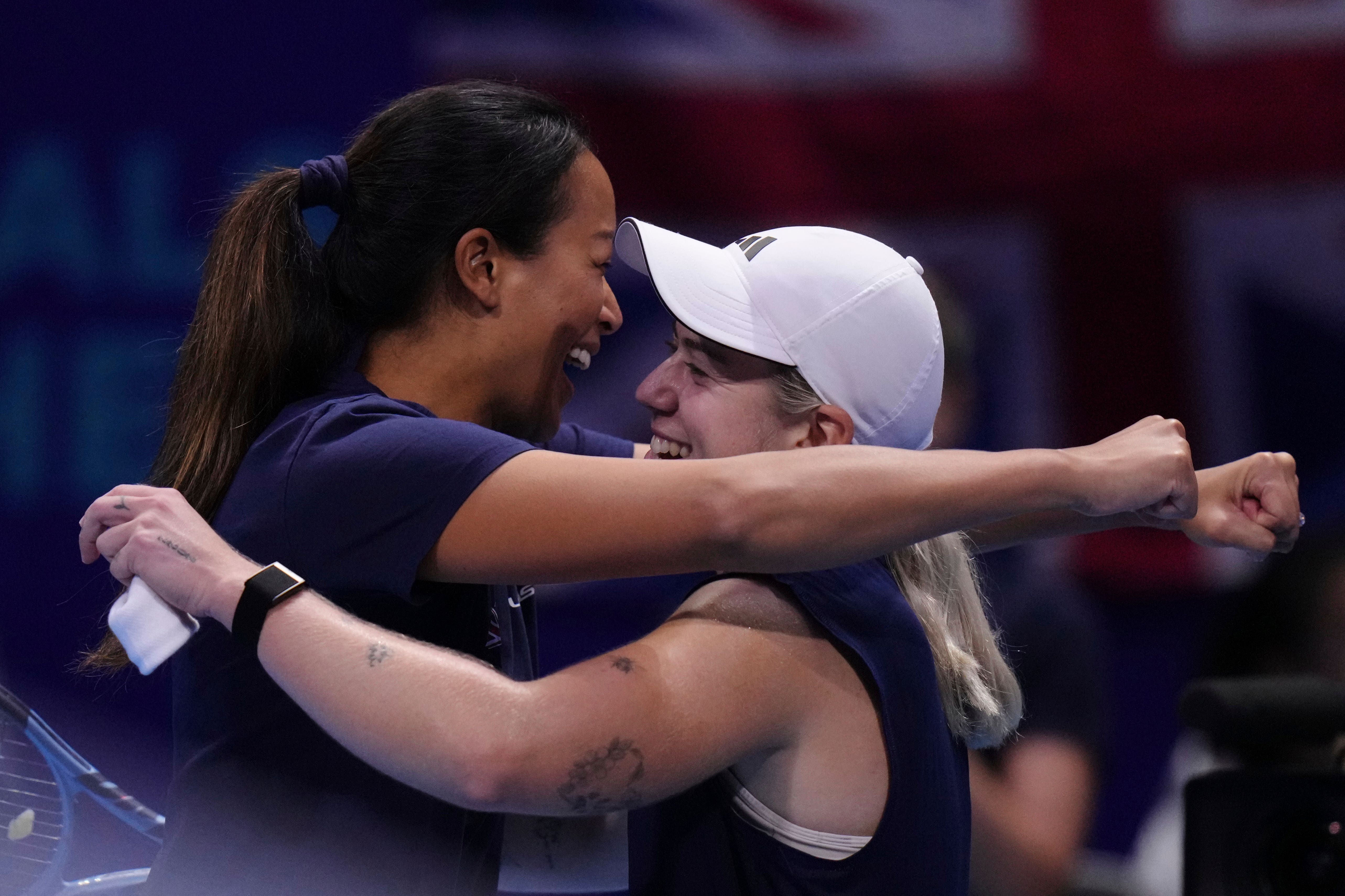 Sonay Kartal celebrates with team captain Anne Keothavong after defeating Ena Shibahara (Andy Wong/AP)