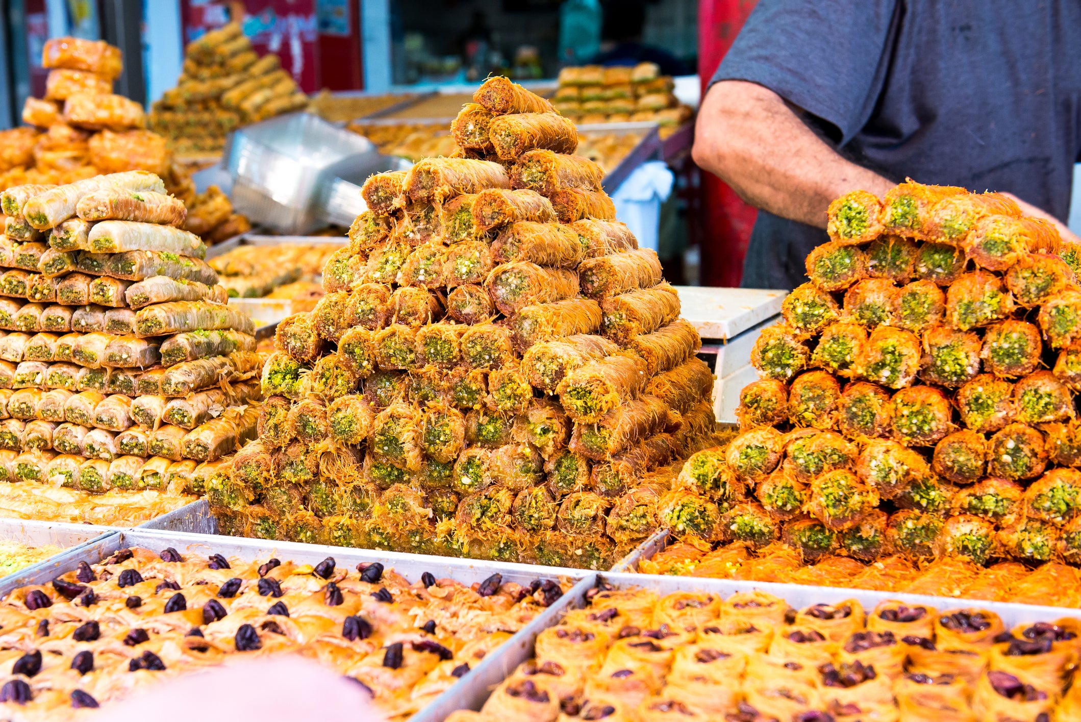 Baklava is a popular honey-drenched dessert sold in the markets of Istanbul