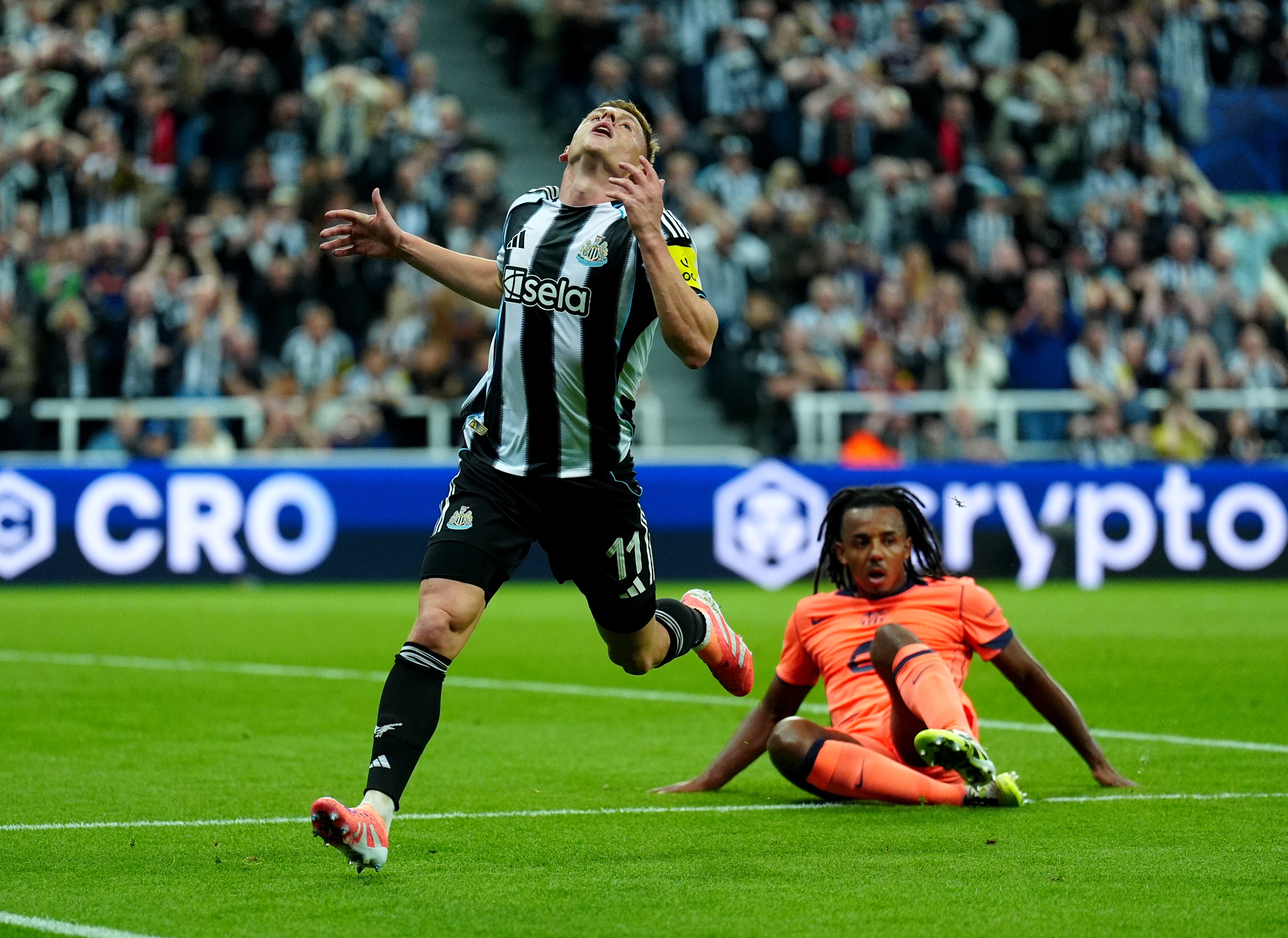 Harvey Barnes reacts after a missed chance
