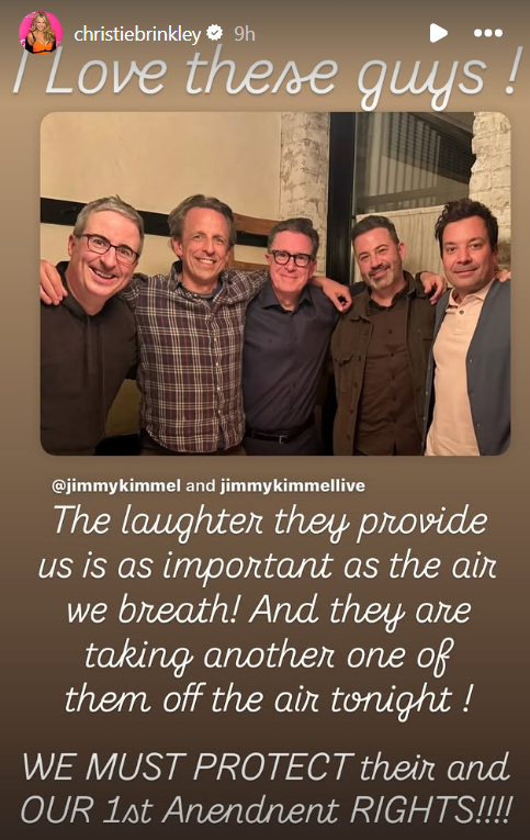 ‘Love these guys ! The laughter they provide us is as important as the air we breathe,’ wrote Christie Brinkley