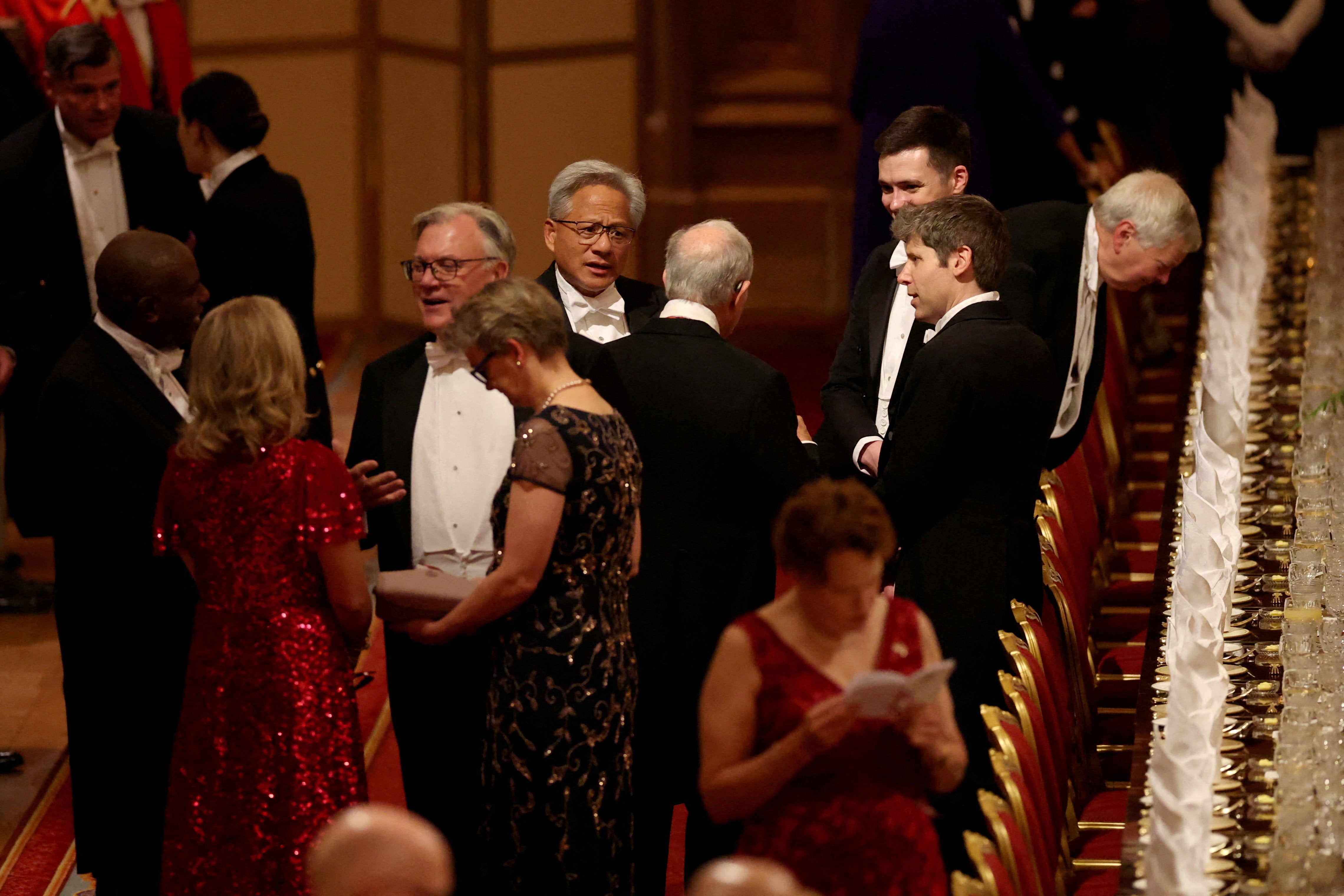 OpenAI CEO Sam Altman (far right) and Nvidia CEO Jensen Huang (centre) arrive at the state banquet for Donald Trump at Windsor Castle on 17 September
