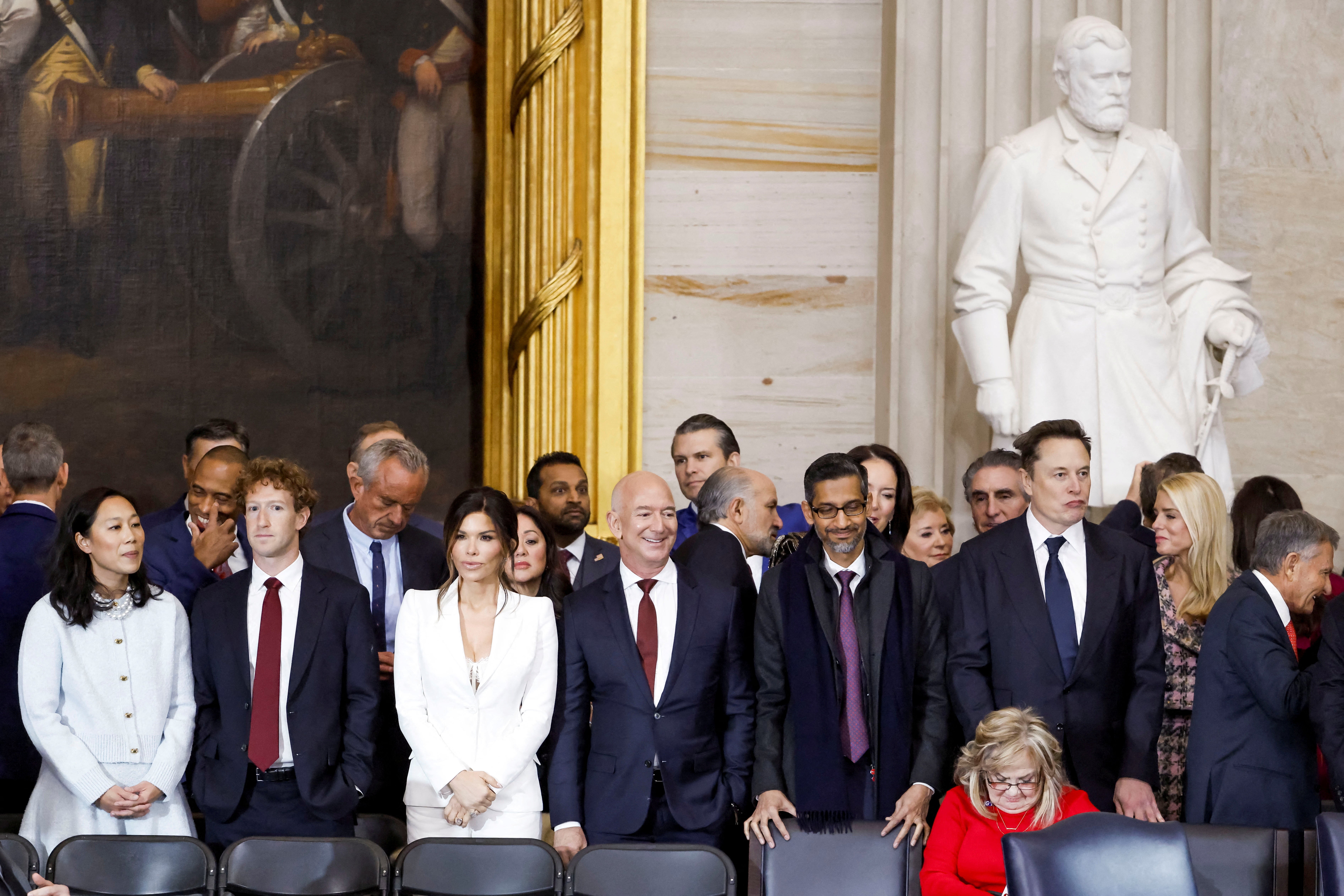 Big Tech elites Priscilla Chan, Meta CEO Mark Zuckerberg, Lauren Sanchez, Jeff Bezos, Sundar Pichai, and Elon Musk attend Donald Trump’s inauguration at the U.S. Capitol in Washington on January 20, 2025