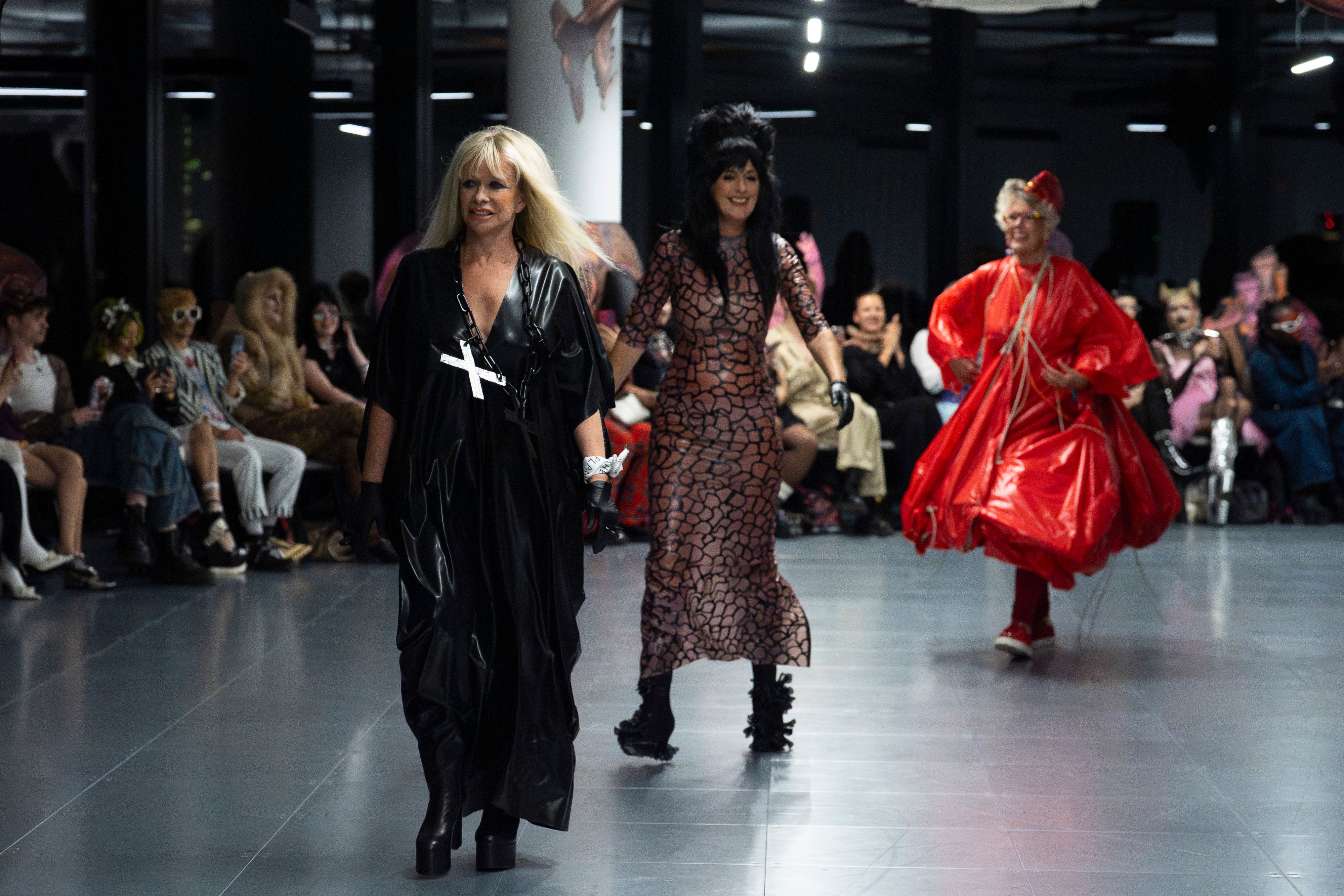 Jo Wood, Jane Moore and Prue Leith walk on the catwalk during the Vin & Omi SS26 Showcase (Vin and Omi/PA)