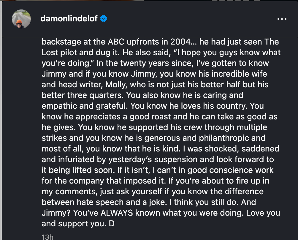 ‘Lost’ co-creator Damon Lindelof pledges not to work with Disney until it reinstates Jimmy Kimmel