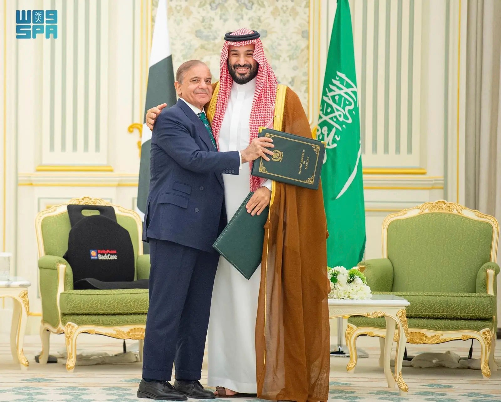 Pakistani prime minister Shehbaz Sharif, left, embraces Saudi Arabia’s Crown Prince Mohammed bin Salman after signing a joint defence pact in Riyadh on Wednesday