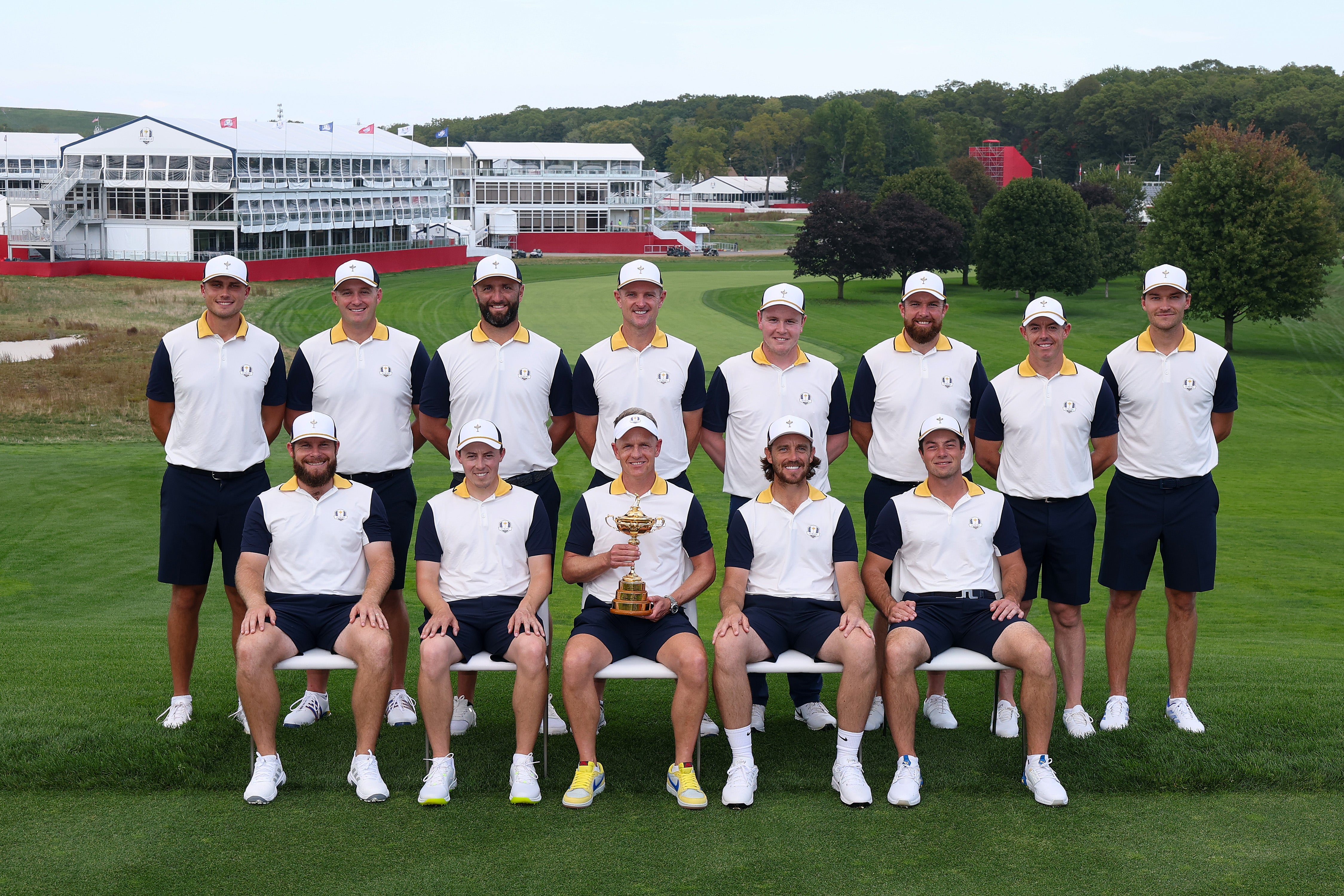 The European team pose with captain Luke Donald, holding the trophy, at Bethpage State Park