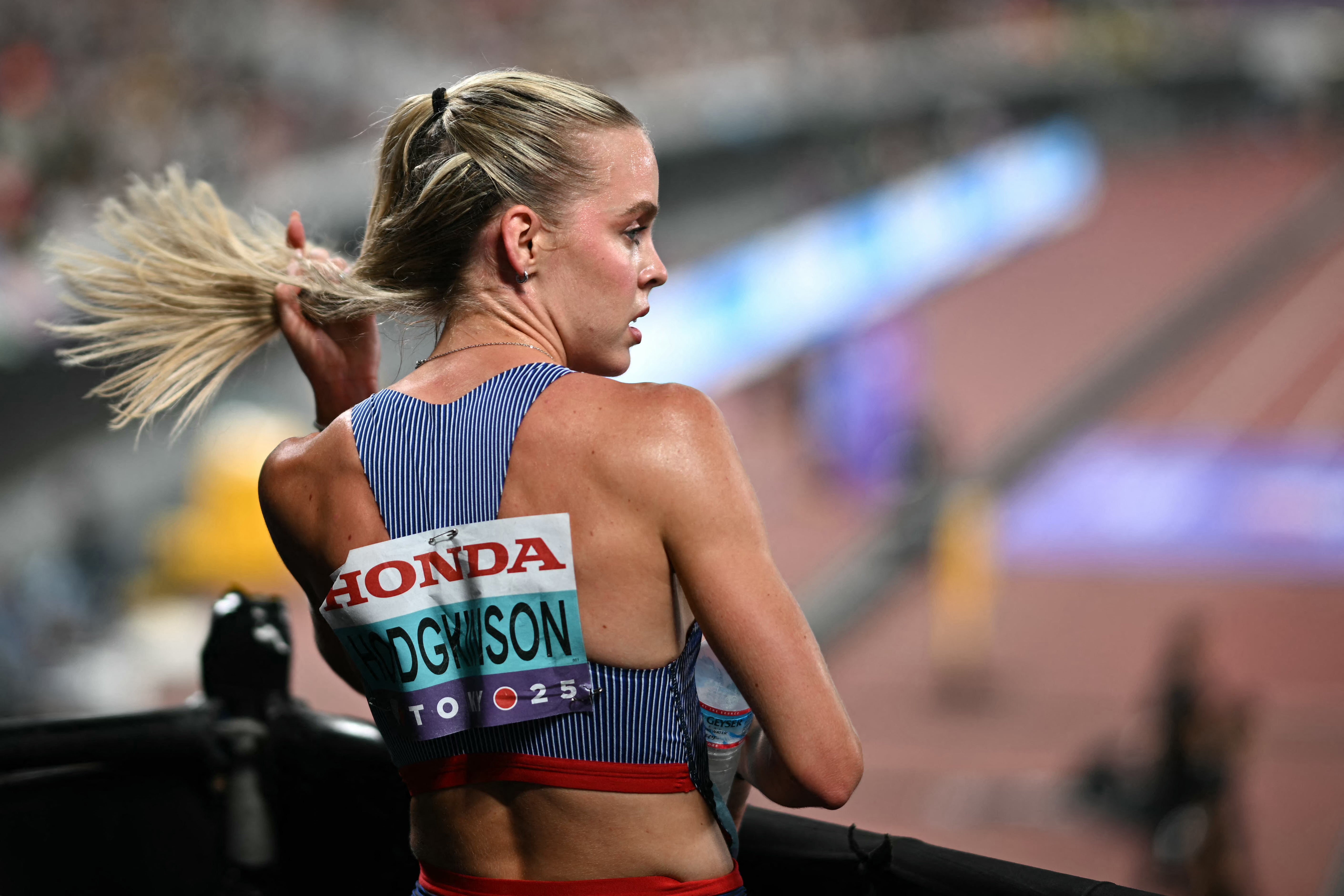 Great Britain's Keely Hodgkinson reacts after competing in the women's 800m semi-final