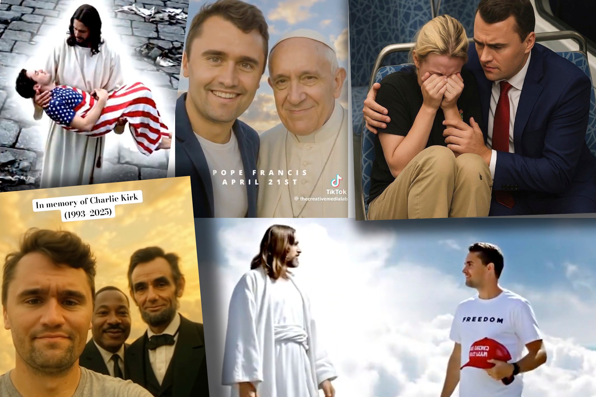 This combination of images gathered in September 2025 from social media posts shows AI-generated content depicting conservative activist Charlie Kirk
