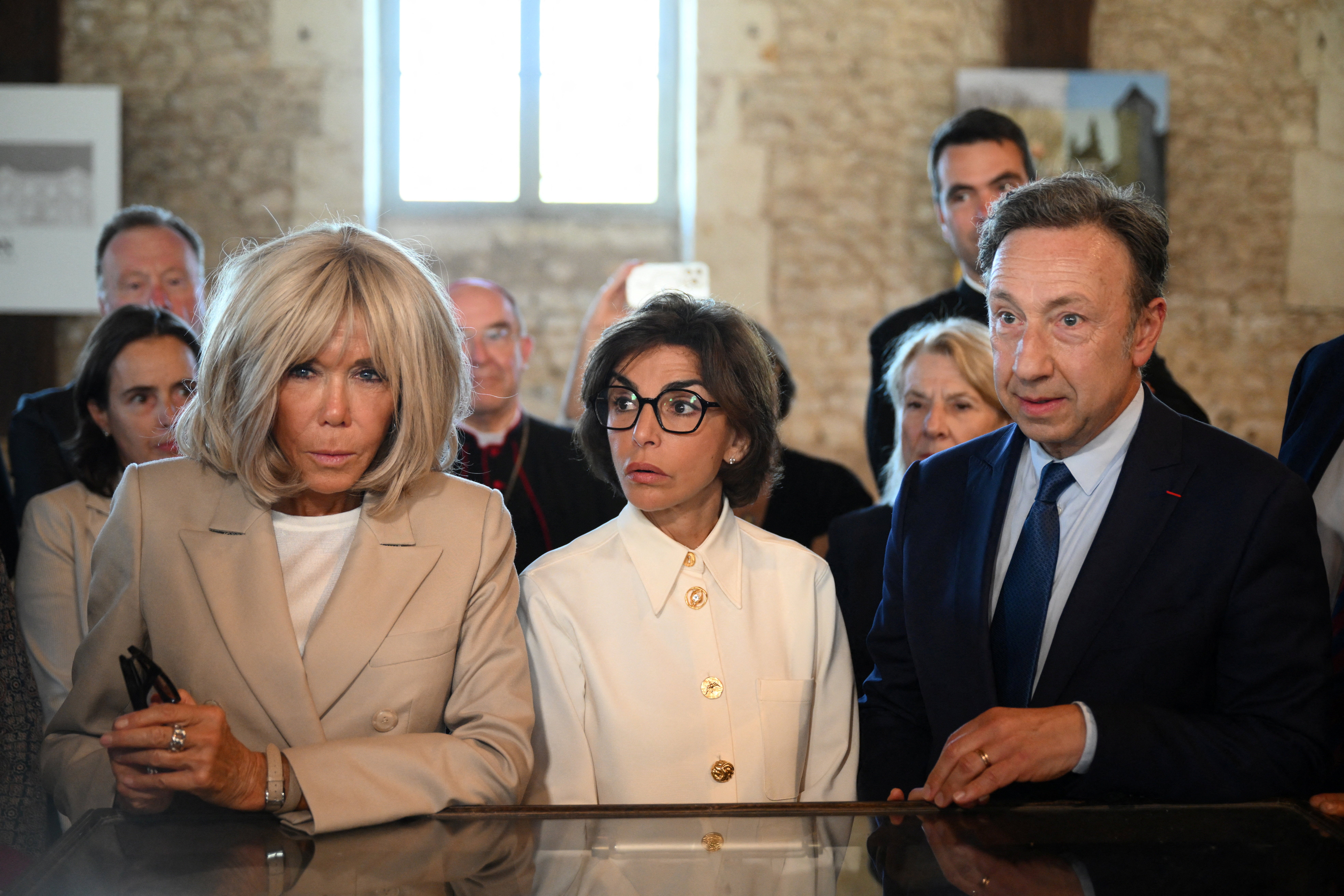 French President Emmanuel Macron's wife, Brigitte Macron, French Minister of Culture Rachida Dati and French journalist Stephane Bern