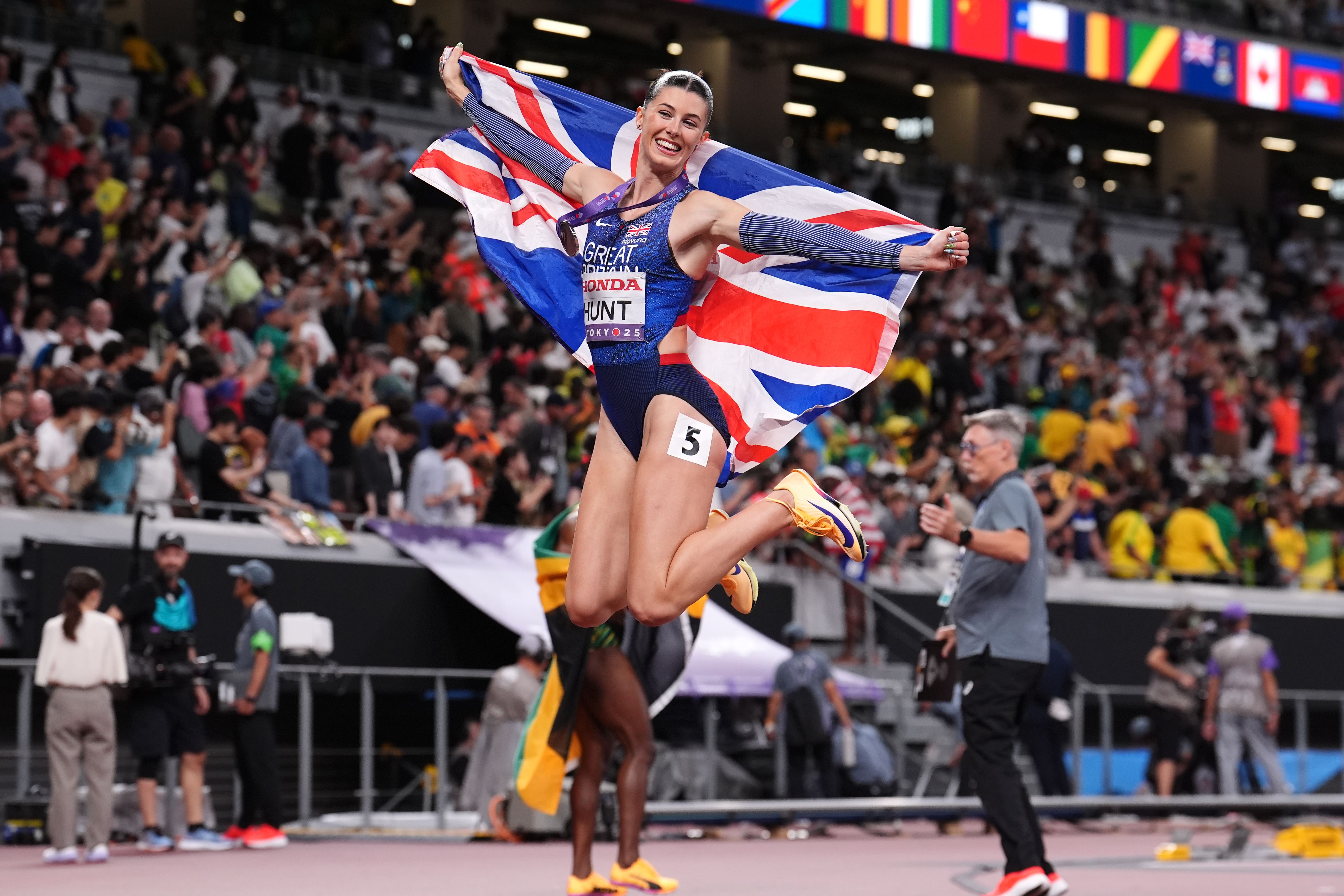Great Britain’s Amy Hunt celebrates silver in the women’s 200 metres (Martin Rickett/PA).