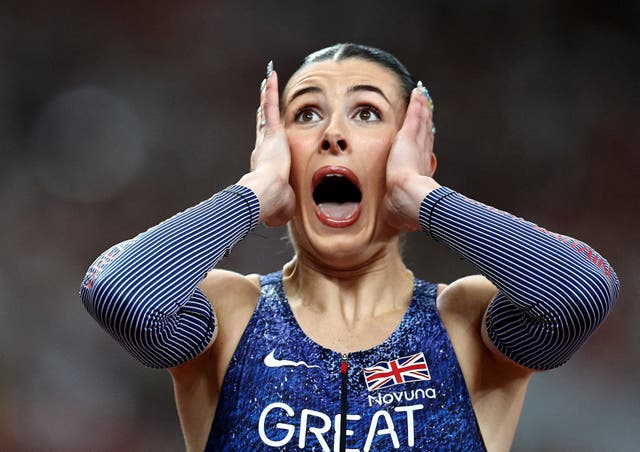 <p>Amy Hunt reacts after winning world championship silver in the 200m </p>