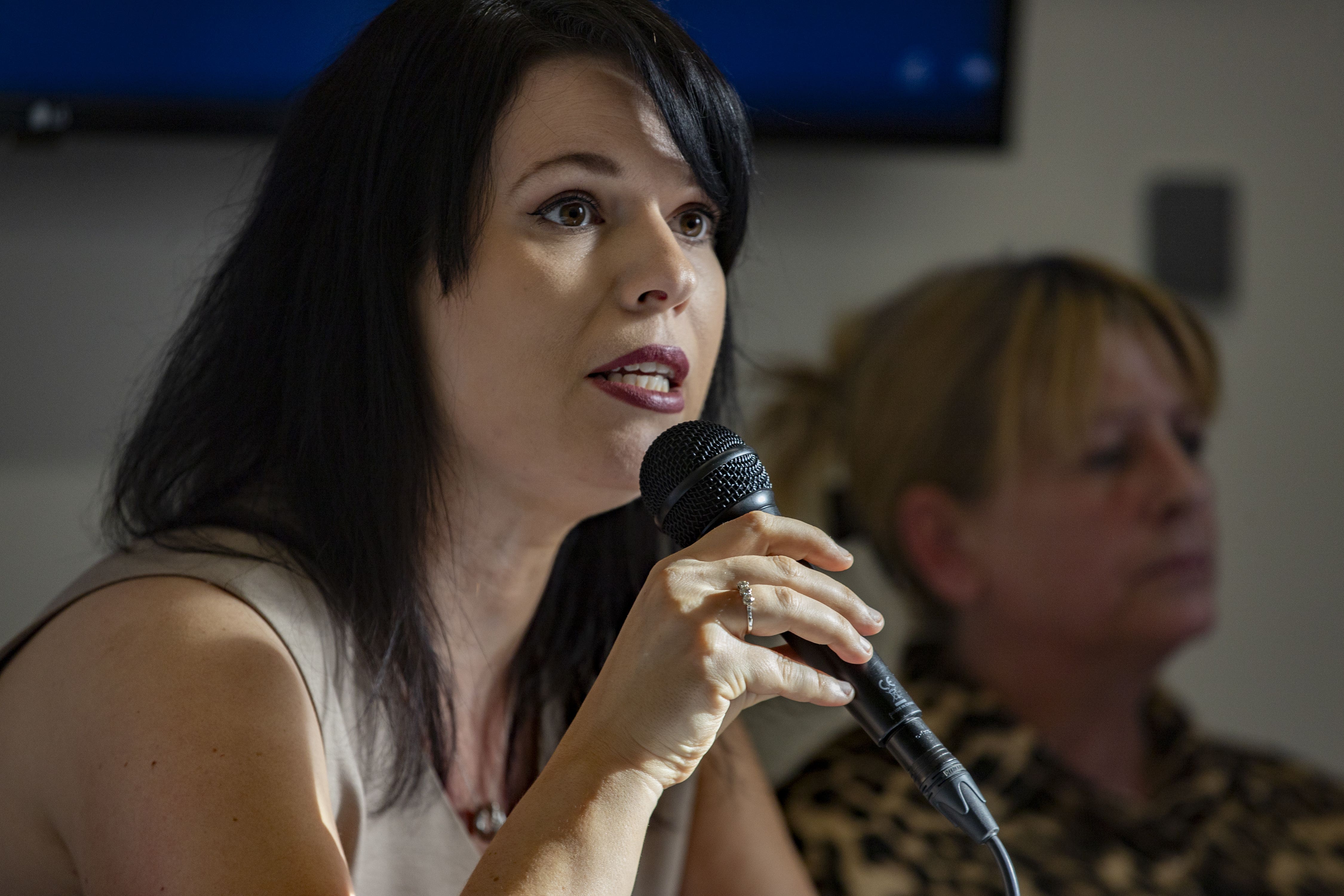 Grainne Teggart (left), Deputy Director of Amnesty International in Northern Ireland with Martina Dillon, whose husband Seamus was shot dead by loyalists in Dungannon in 1997, speaking during an Amnesty International press conference with at the The MAC in Belfast, on the Government plan to appeal against a court judgment in regard to the Legacy Act. Picture date: Monday October 21, 2024.