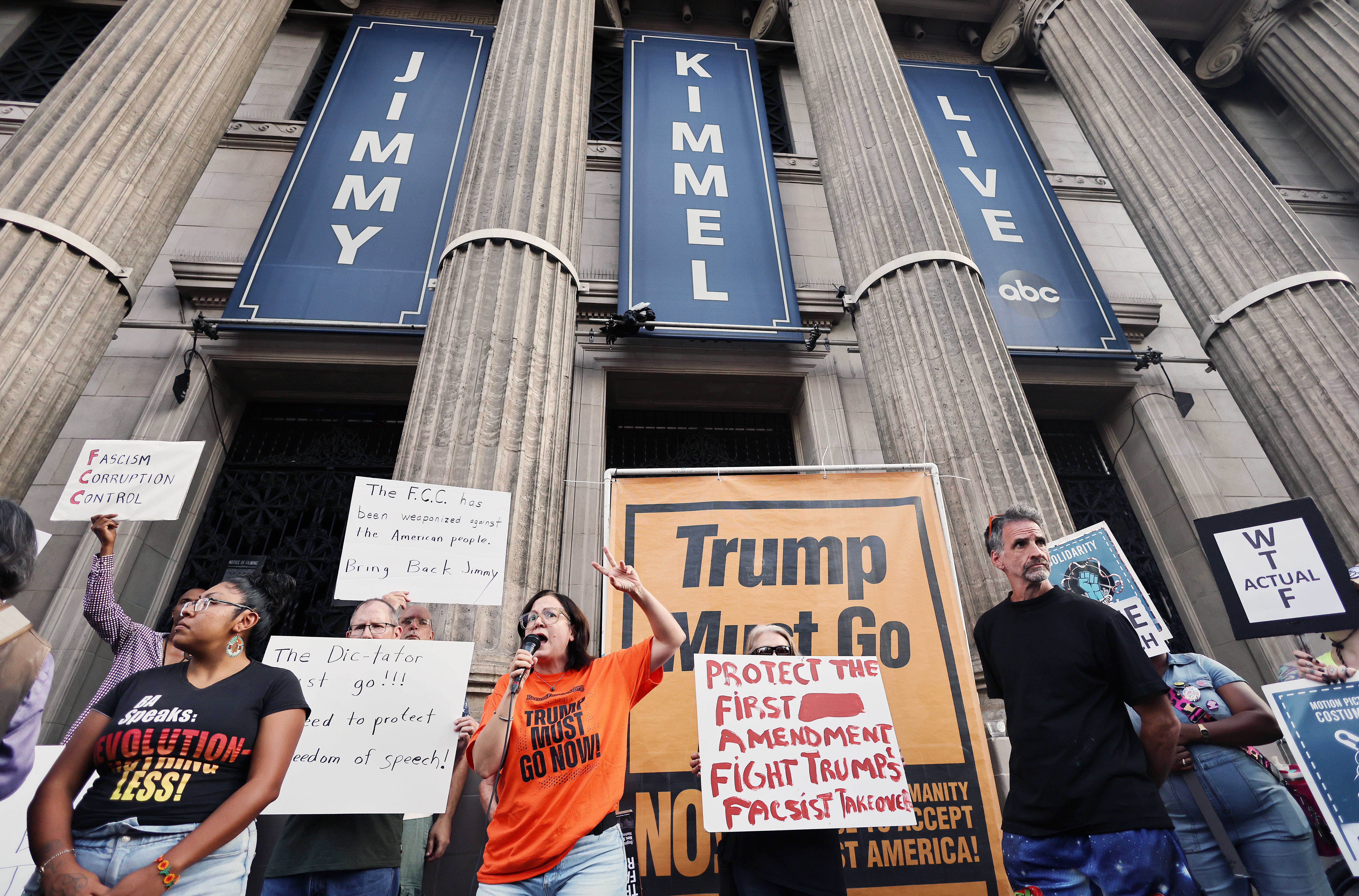 Protesters rallied outside Jimmy Kimmel’s Hollywood studio after the late-night show was pulled off the air ‘indefinitely’ following the host’s comments about the fatal shooting of conservative activist Charlie Kirk