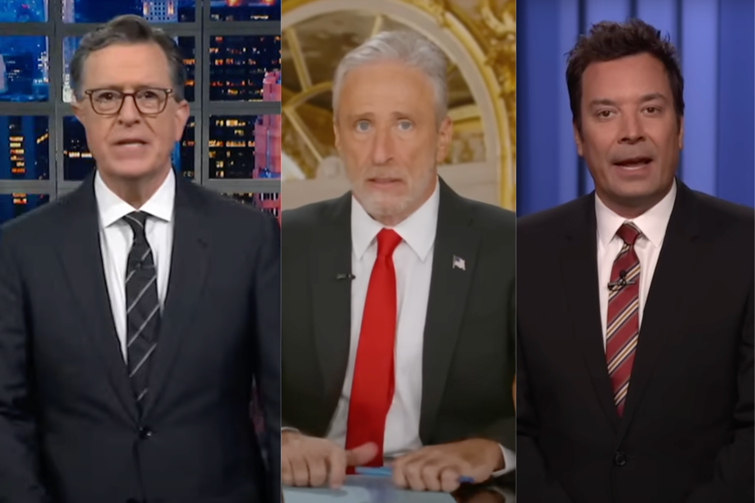 Stephen Colbert, Jon Stewart and Jimmy Fallon react to Jimmy Kimmel's suspension