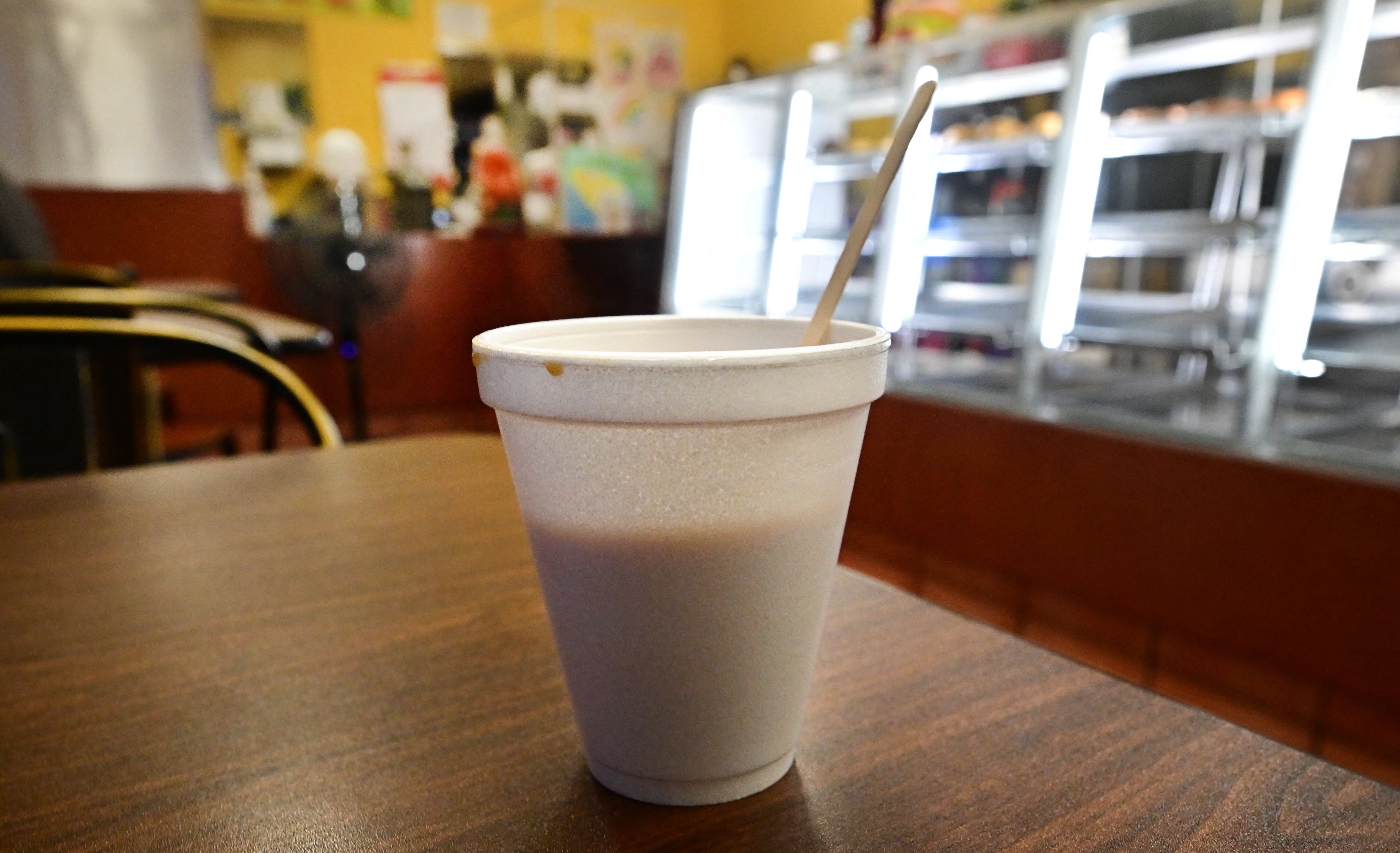 Coffee in a foam cup is pictured at a donut shop in Monterey Park, California