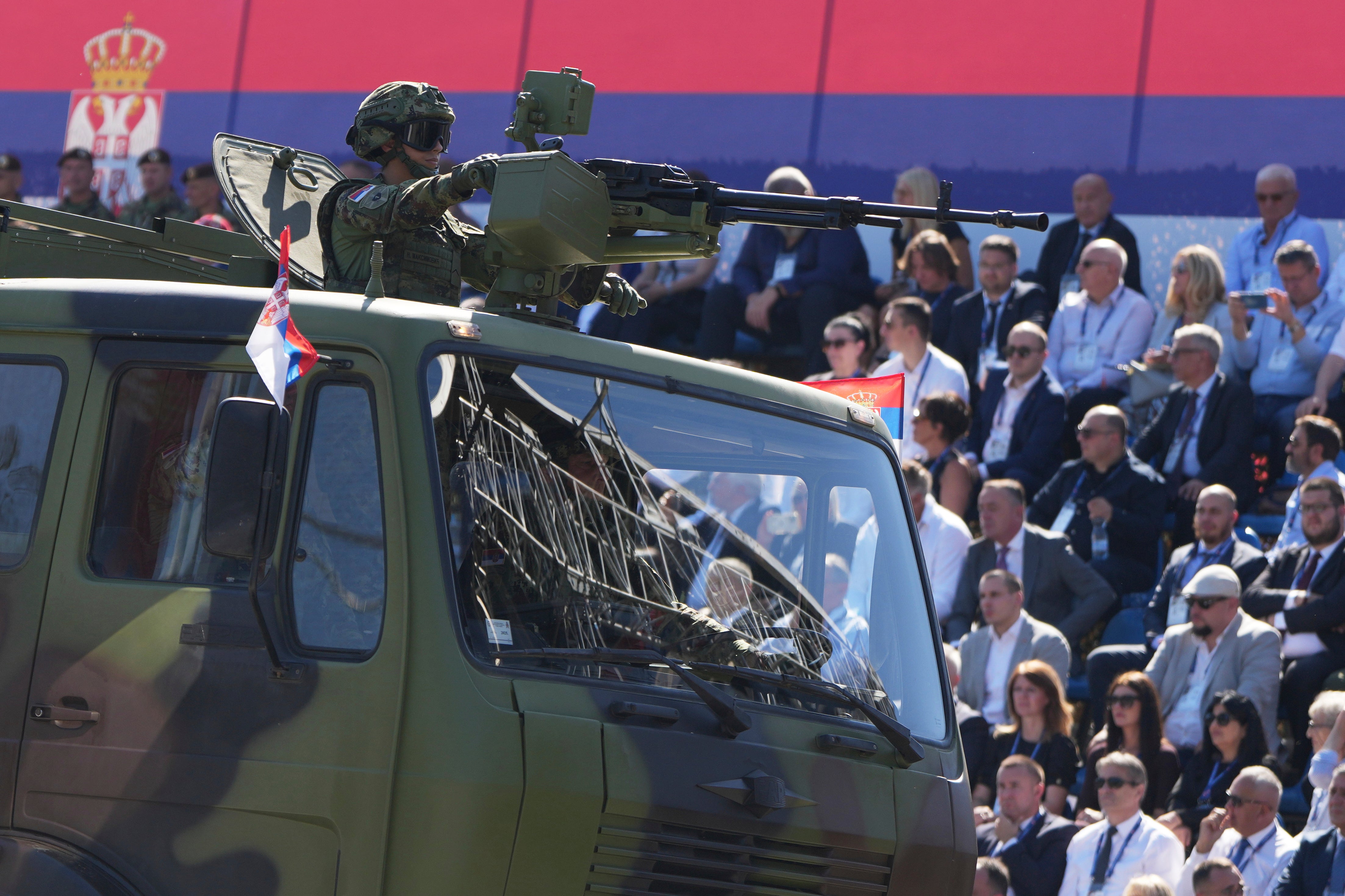 Serbian Army soldiers perform during a military parade in Belgrade, Serbia, Saturday, Sept. 20, 2025. (AP Photo/Darko Vojinovic)