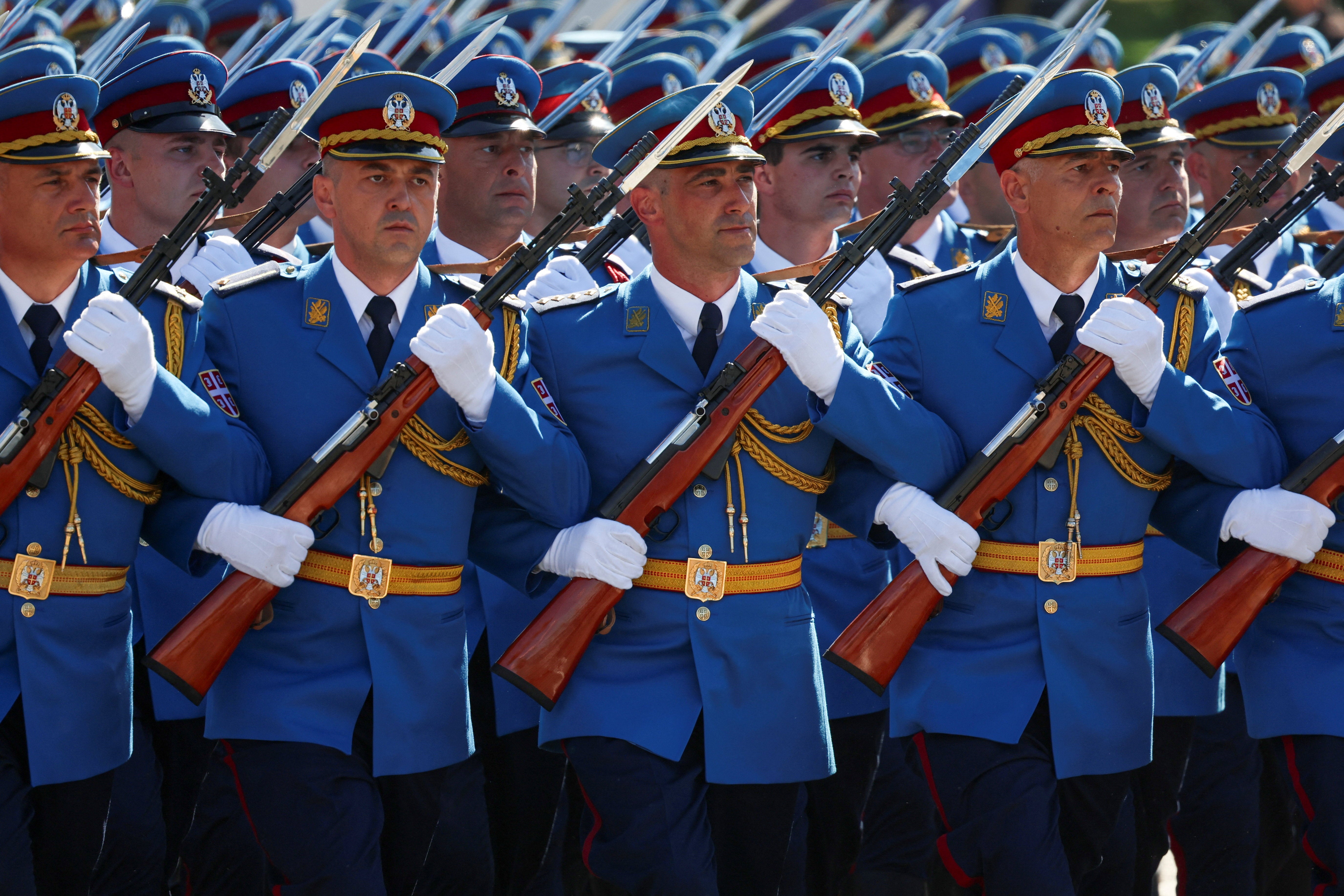 Serbian guard of honor march during a military parade over Belgrade, Serbia, September 20, 2025. REUTERS/Zorana Jevtic