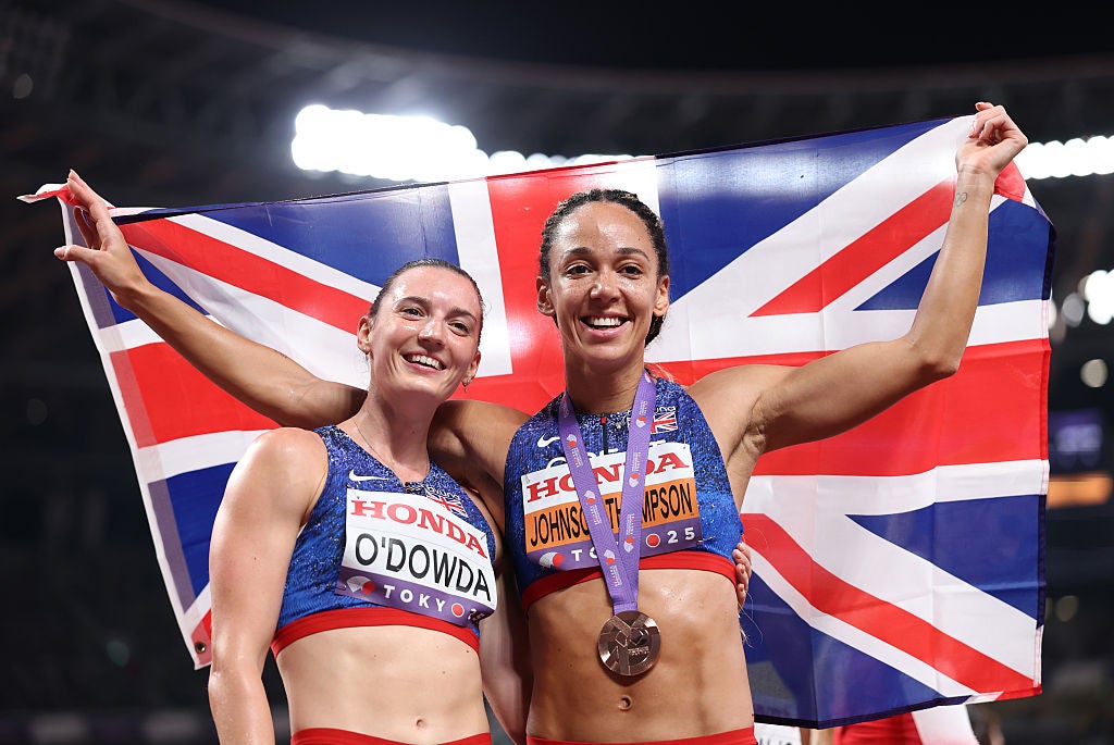 Katarina Johnson-Thompson celebrating with fellow Briton Jade O'Dowda