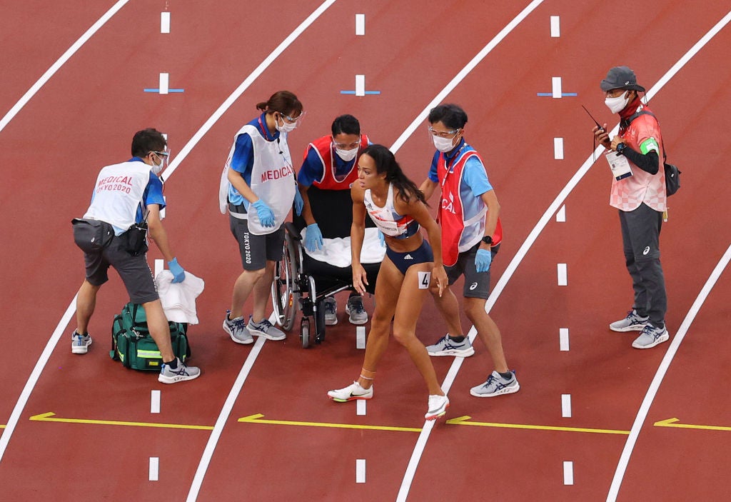Johnson-Thompson had to be wheeled away in a chair after a calf injury at the 2021 Tokyo Olympics