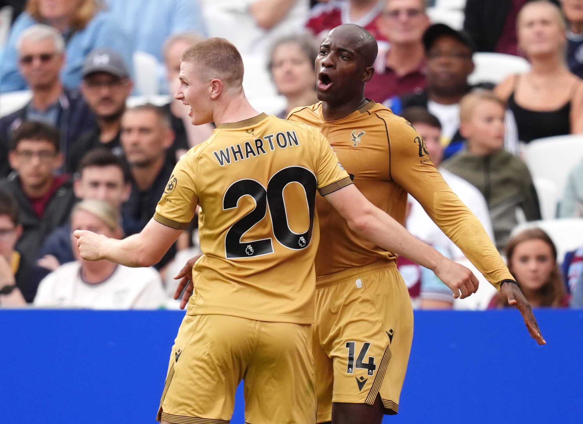 Jean-Philippe Mateta, right, celebrates opened the scoring for Palace (John Walton/PA)