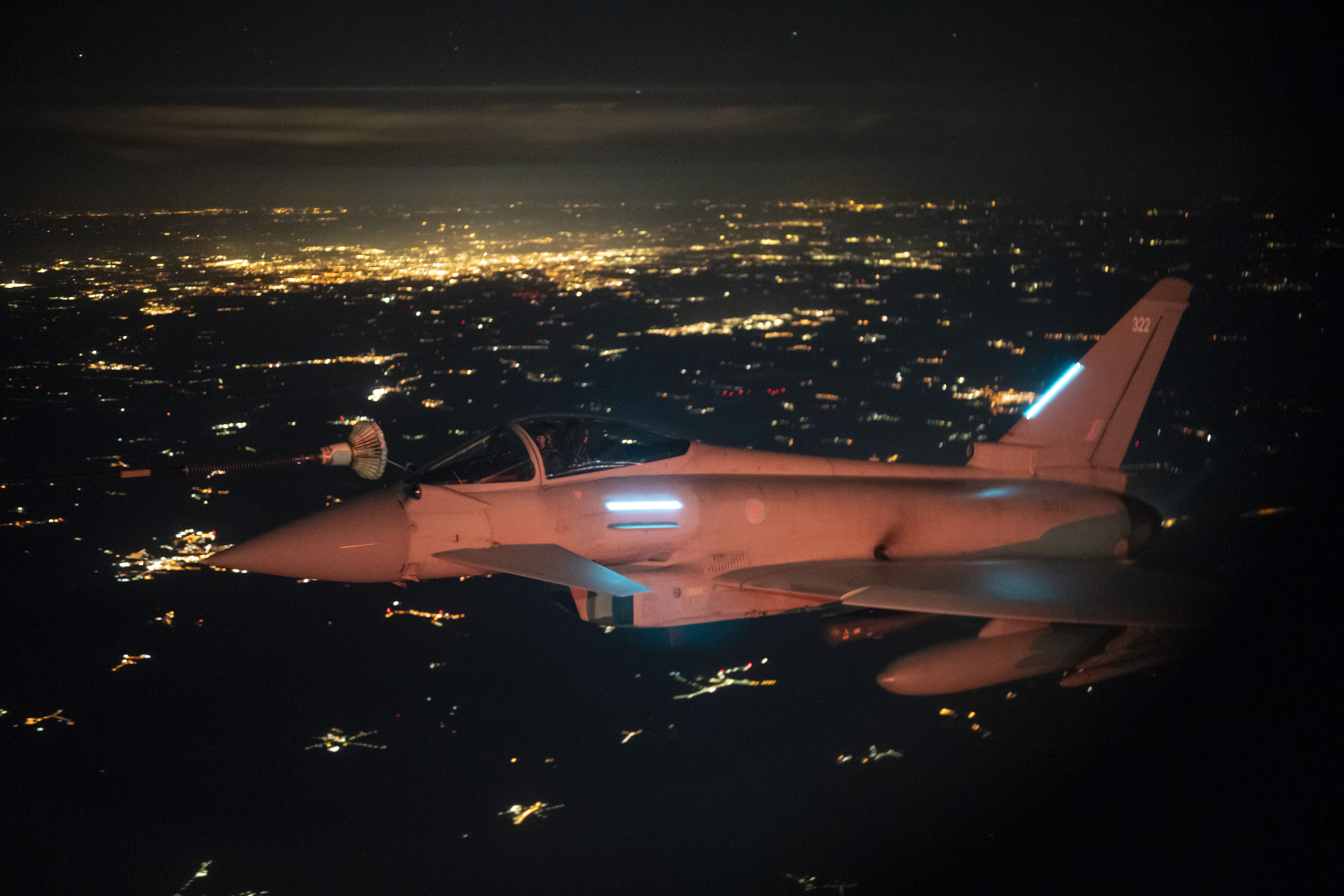 A Royal Air Force FGR4 Typhoon (Callsign Chaos One, armed with ASRAAM air-to-air missiles, is seen from inside an RAF Voyager air-refuelling tanker during the first Royal Air Force ‘Eastern Sentry’ deployment over Poland, 70 miles from the Belarusian border in the location Russian drones were shot down (Ben Birchall/PA)
