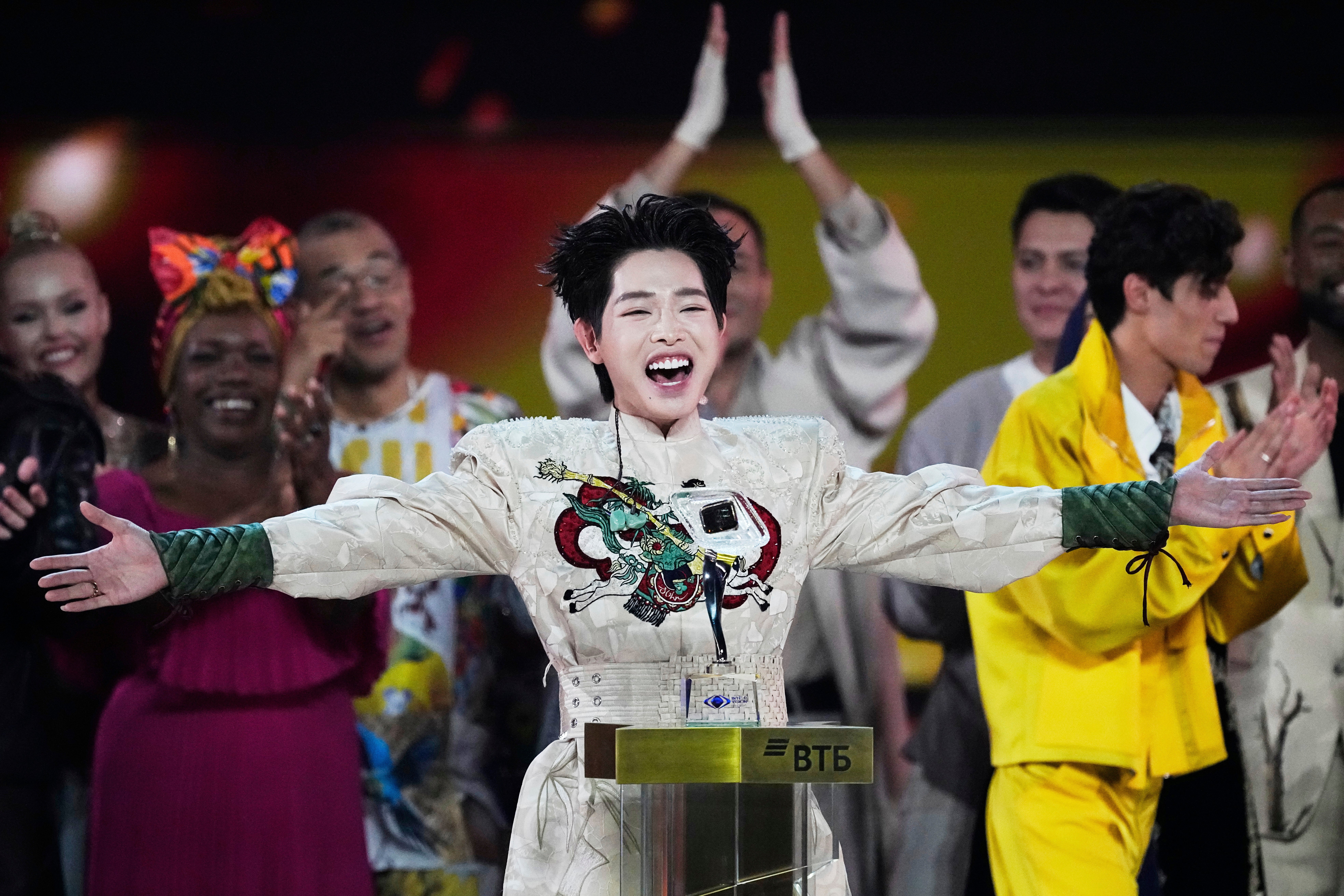 Vietnam's Duc Phuc celebrates after winning the International Music Competition "Intervision" at the Live Arena outside Moscow, Russia, Sunday, Sept. 21, 2025. (AP Photo/Alexander Zemlianichenko)