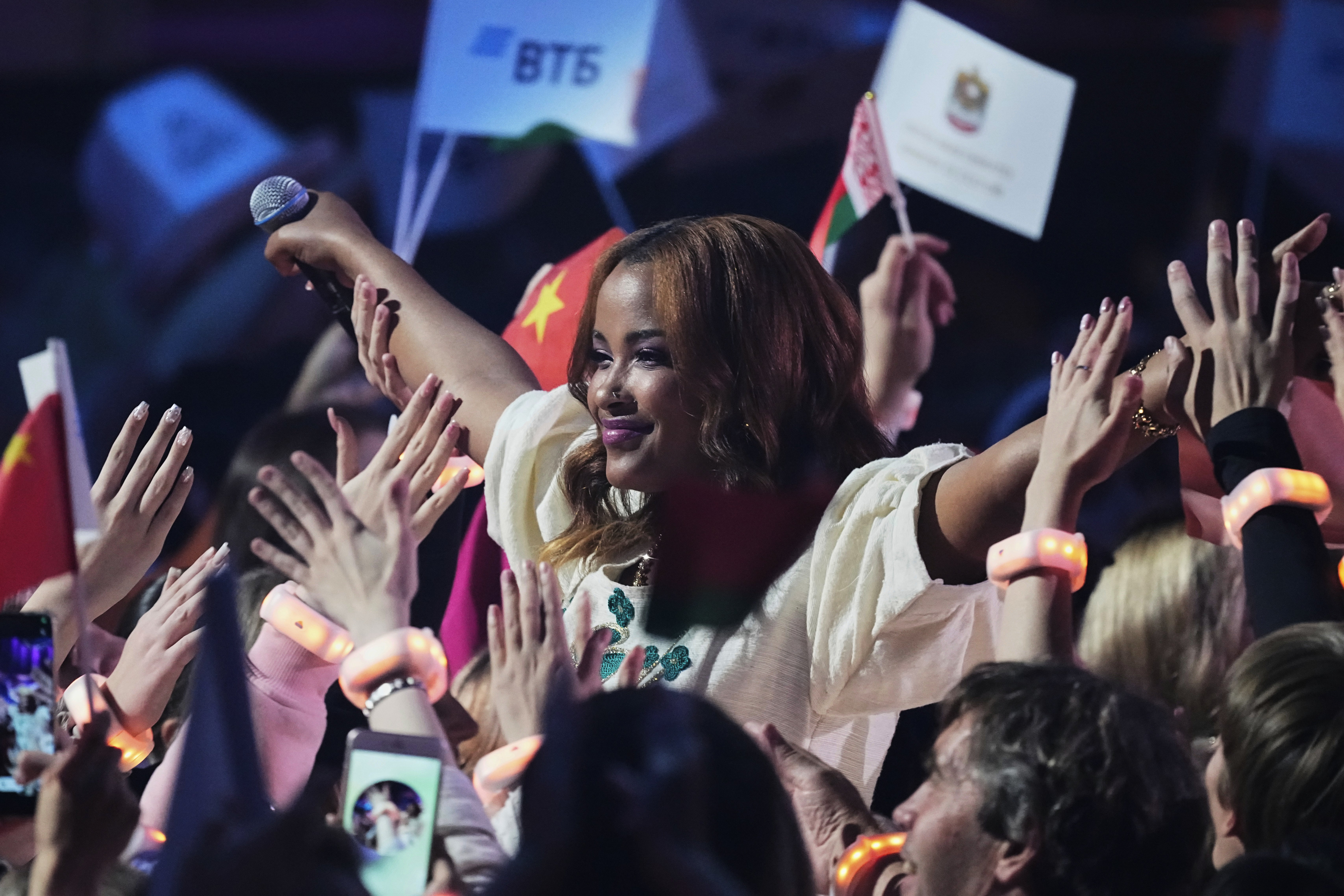 Ethiopia's Netsanet Sultan performs the song "Song of Love" at the International Music Competition "Intervision" at the Live Arena outside Moscow, Russia, Saturday, Sept. 20, 2025. (AP Photo/Alexander Zemlianichenko)