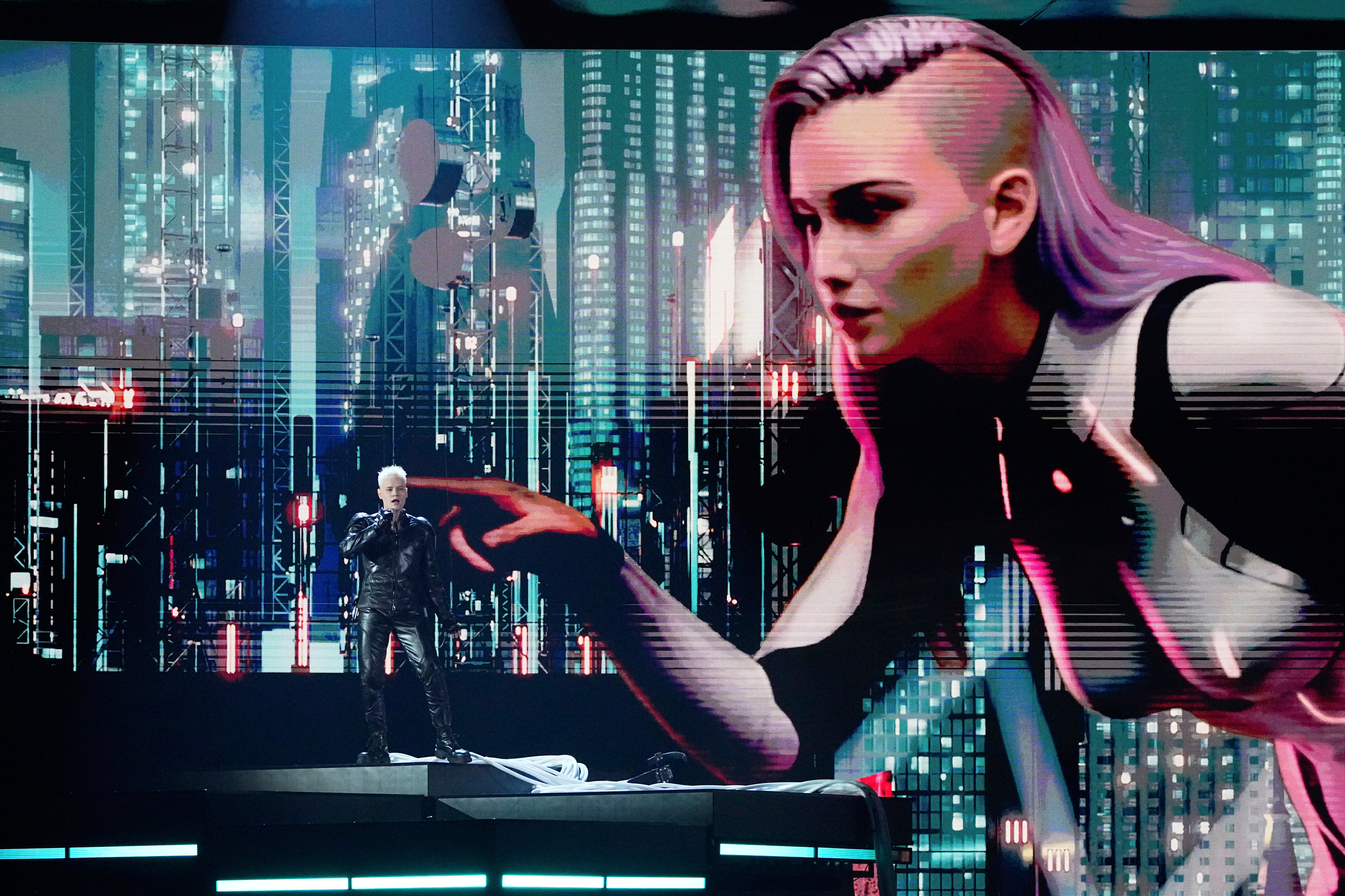 Russia's SHAMAN performs the song "Straight to the Heart" at the International Music Competition "Intervision" at the Live Arena outside Moscow, Russia, Saturday, Sept. 20, 2025. (AP Photo/Alexander Zemlianichenko)